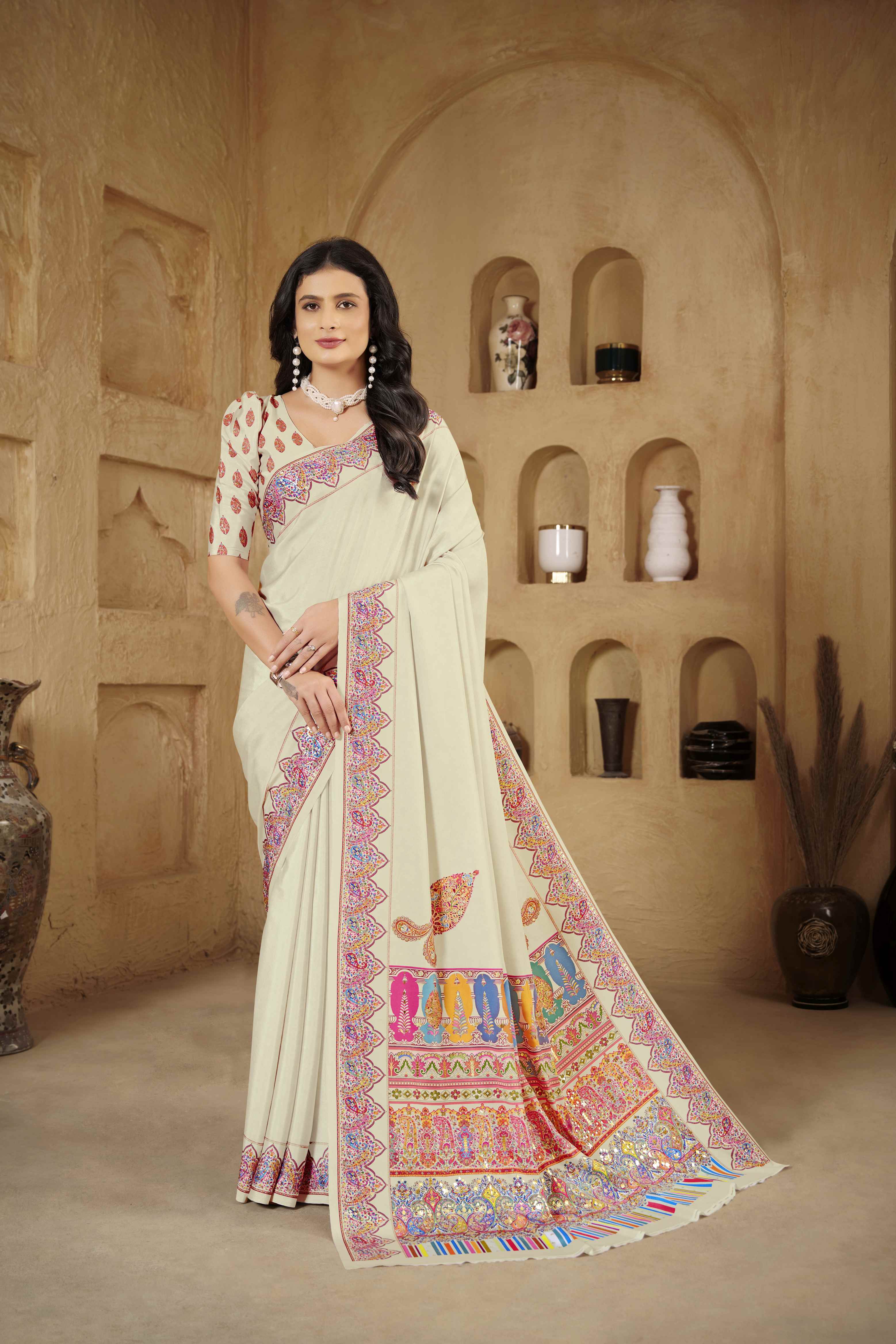 Off White Designer Position Digital Foil Printed Crepe Silk Ethnic Festive Saree