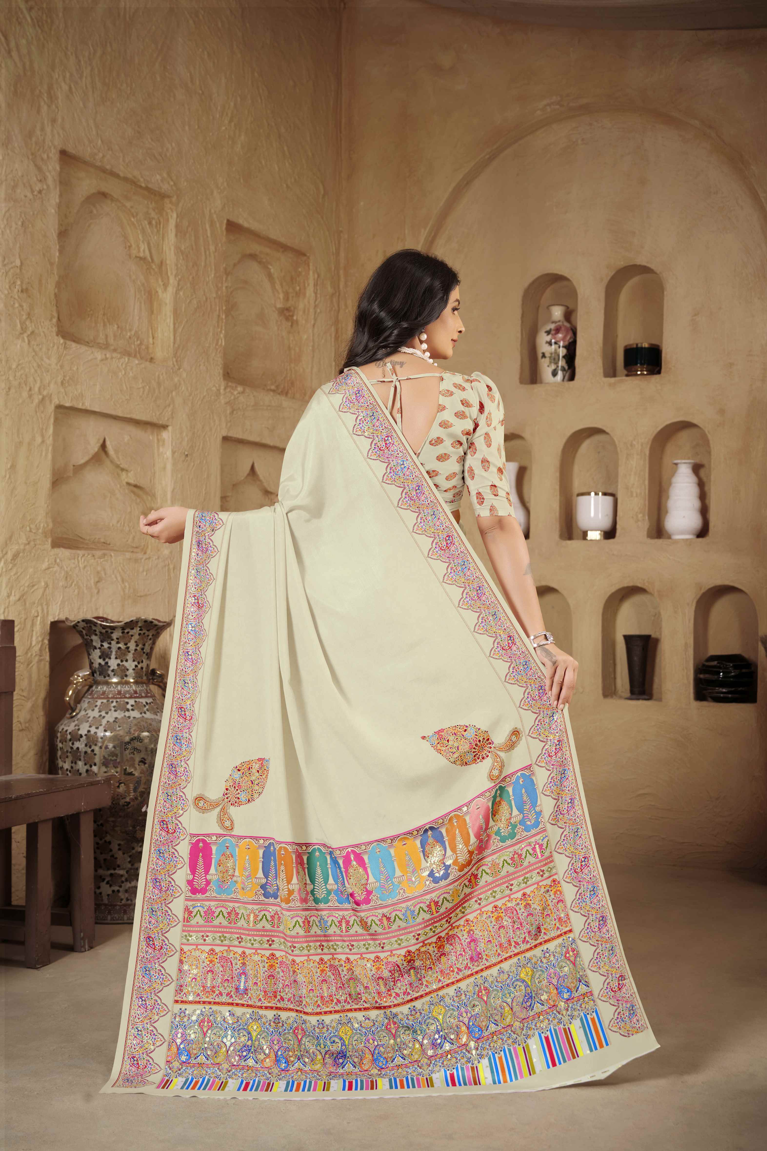Off White Designer Position Digital Foil Printed Crepe Silk Ethnic Festive Saree