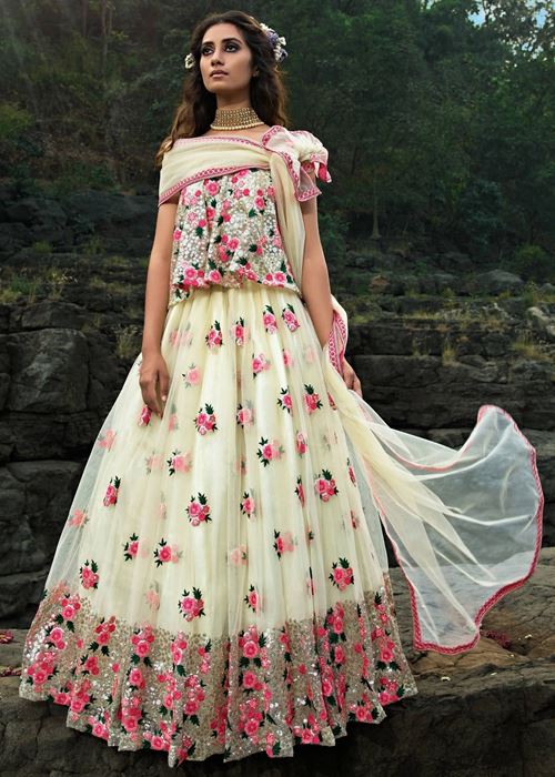 Off White Floral Thread Embroidered Soft Net Party Wear Lehenga Choli
