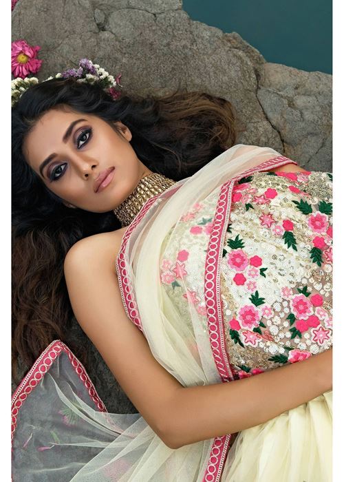 Off White Floral Thread Embroidered Soft Net Party Wear Lehenga Choli