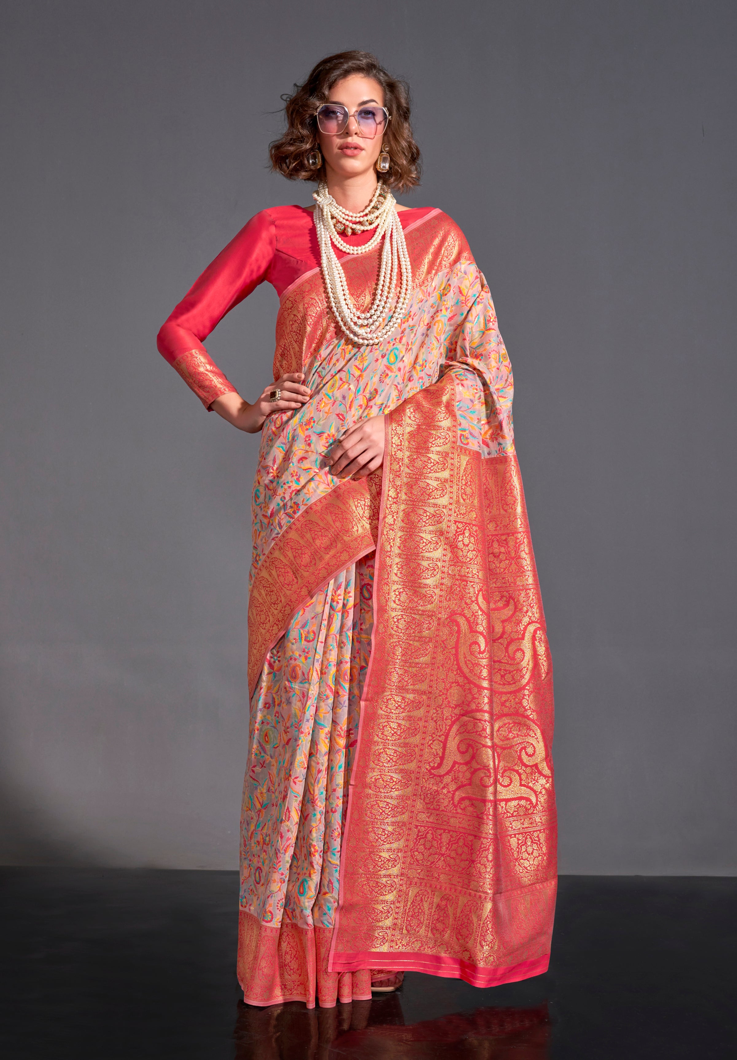 Off White Kashmiri Silk Saree With Kashmiri Chaap Jacquard Woven Work