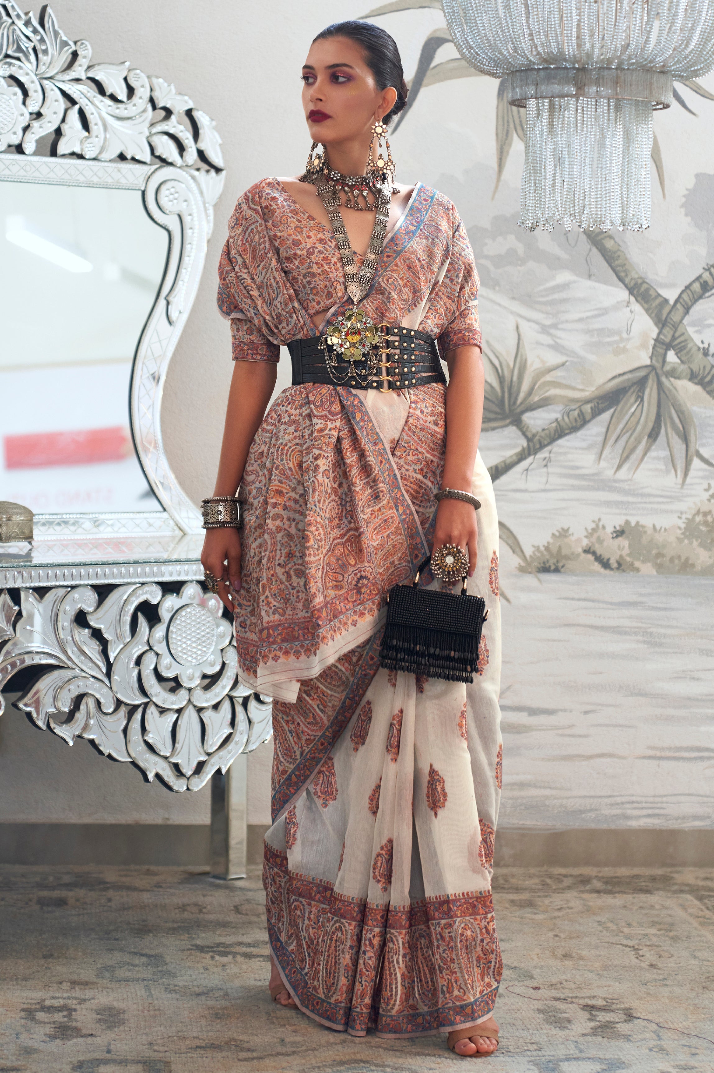 Off White Kashmiri Silk Saree with Woven Work