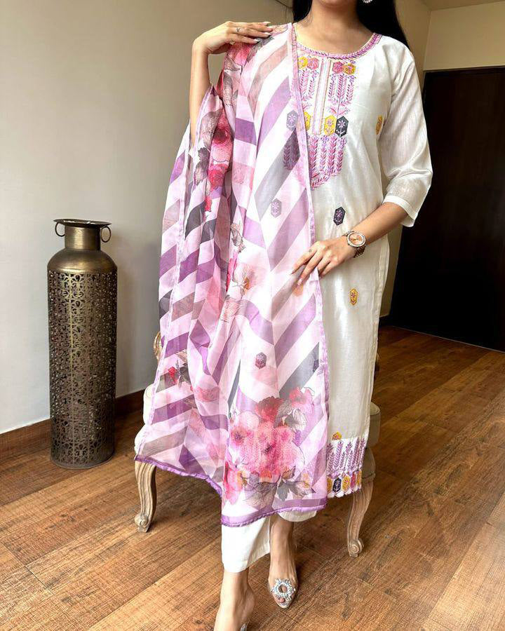 Off White Kurta Pant Set With Heavy Thread Embroidery Work With Printed Dupatta