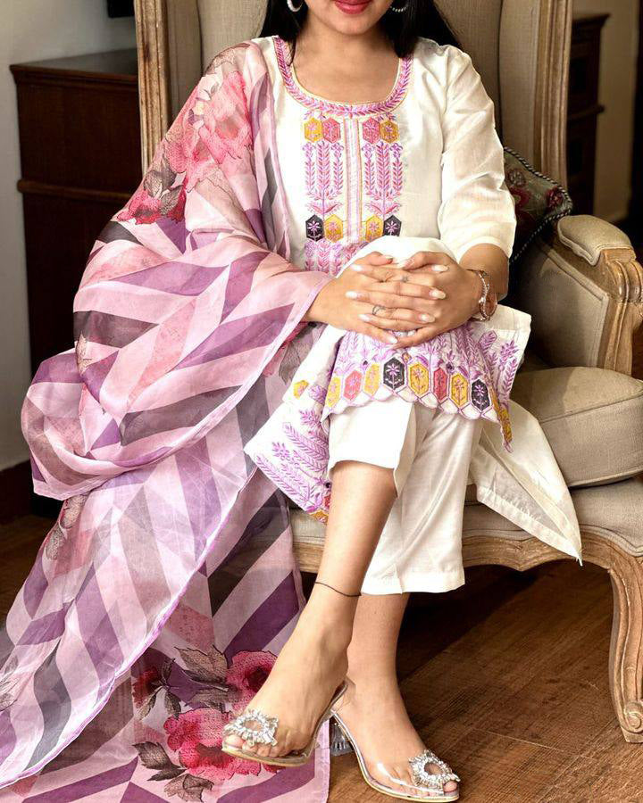 Off White Kurta Pant Set With Heavy Thread Embroidery Work With Printed Dupatta