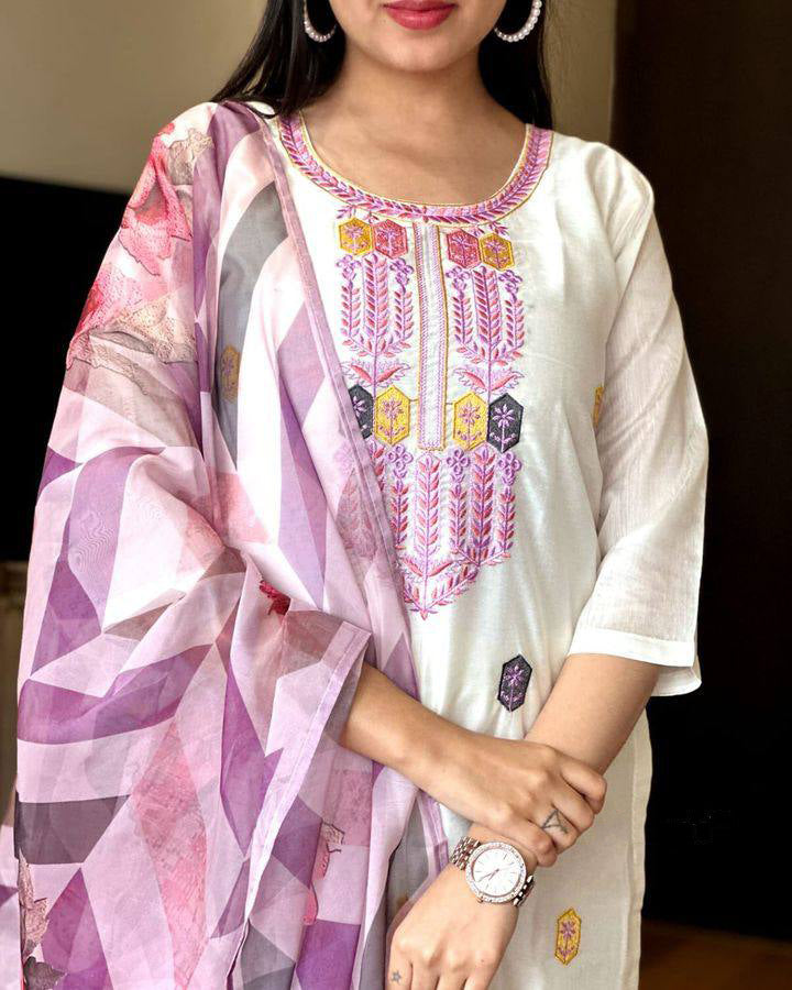 Off White Kurta Pant Set With Heavy Thread Embroidery Work With Printed Dupatta