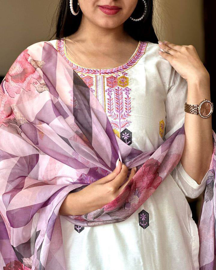 Off White Kurta Pant Set With Heavy Thread Embroidery Work With Printed Dupatta