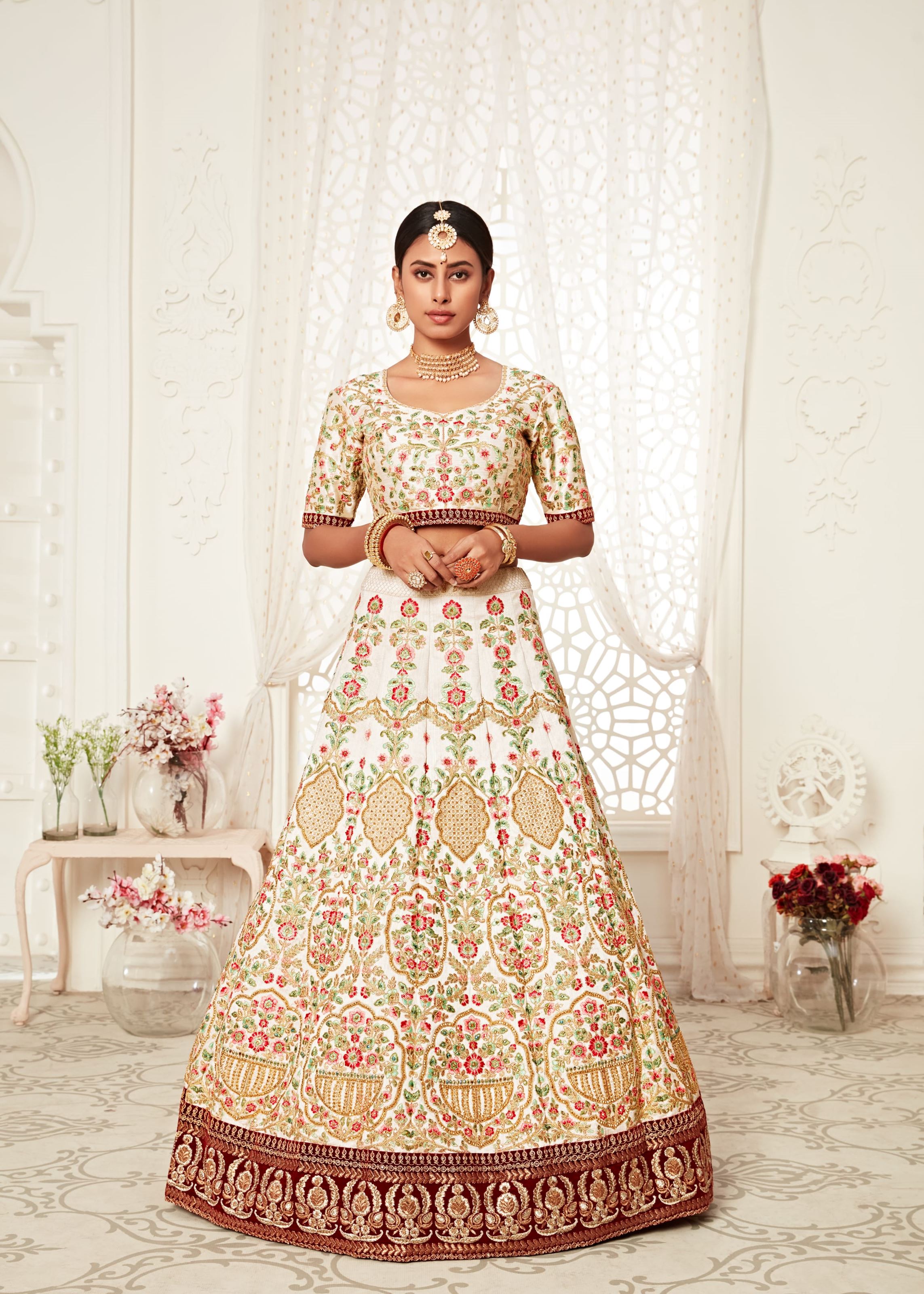 Off White Lehenga Choli With Thread, Dori, Zari And Sequins Embroidery With Diamond Work