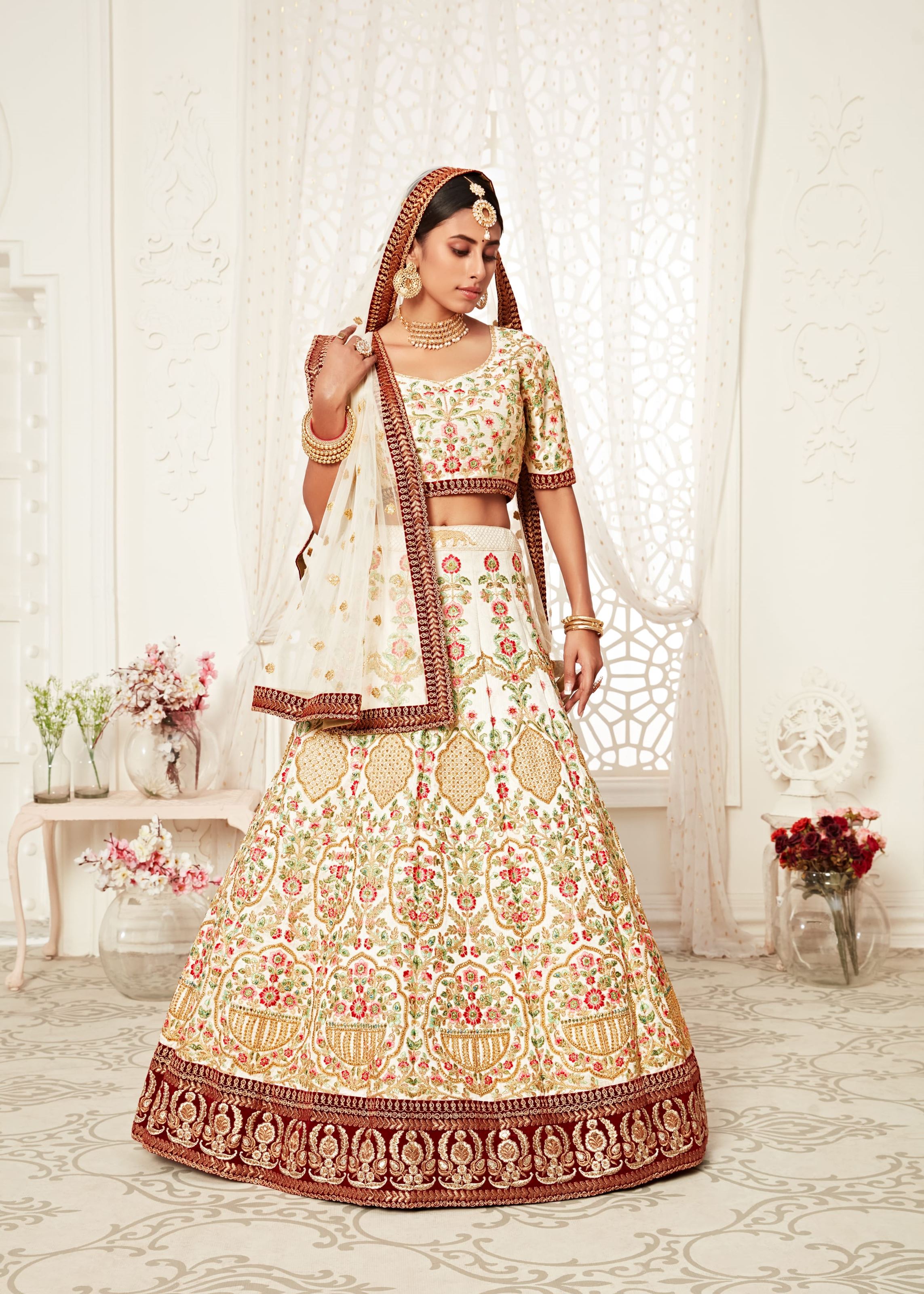 Off White Lehenga Choli With Thread, Dori, Zari And Sequins Embroidery With Diamond Work