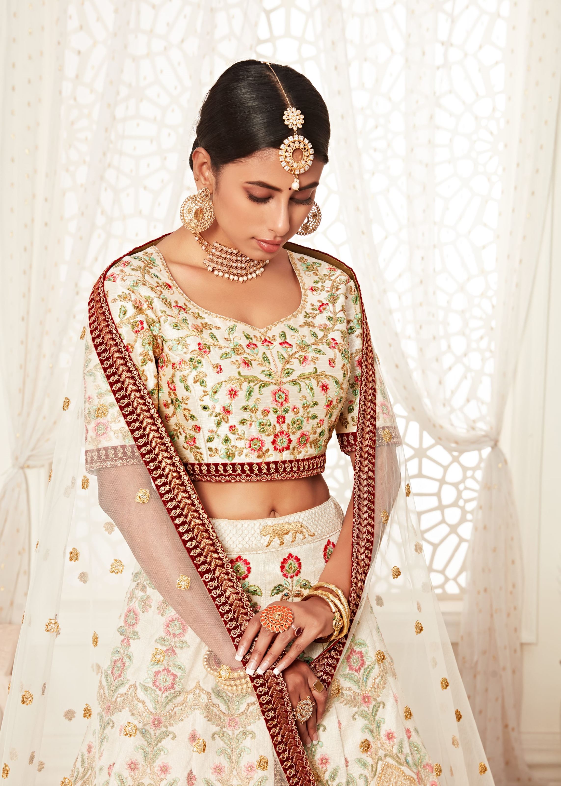 Off White Lehenga Choli With Thread, Dori, Zari And Sequins Embroidery With Diamond Work