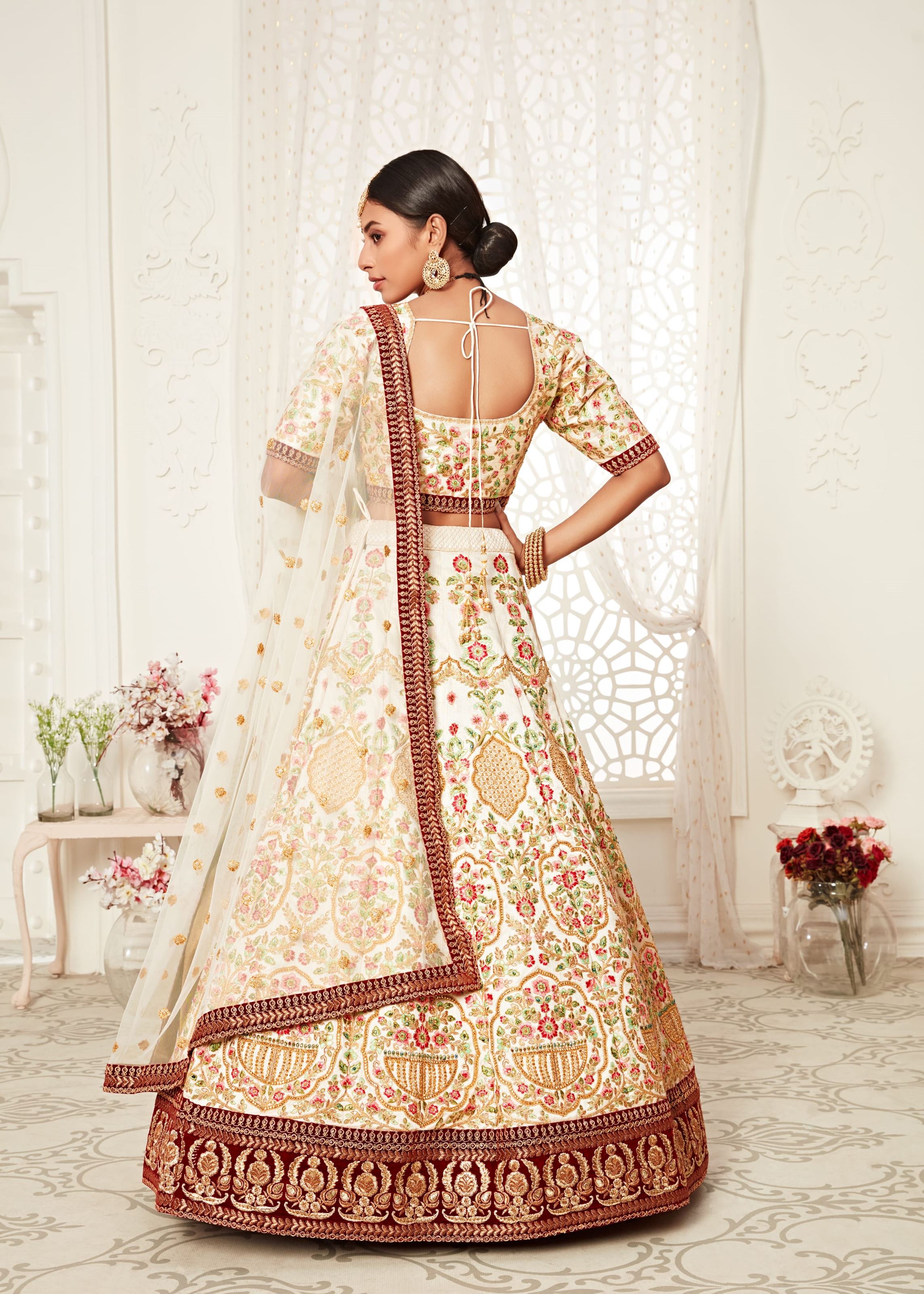 Off White Lehenga Choli With Thread, Dori, Zari And Sequins Embroidery With Diamond Work