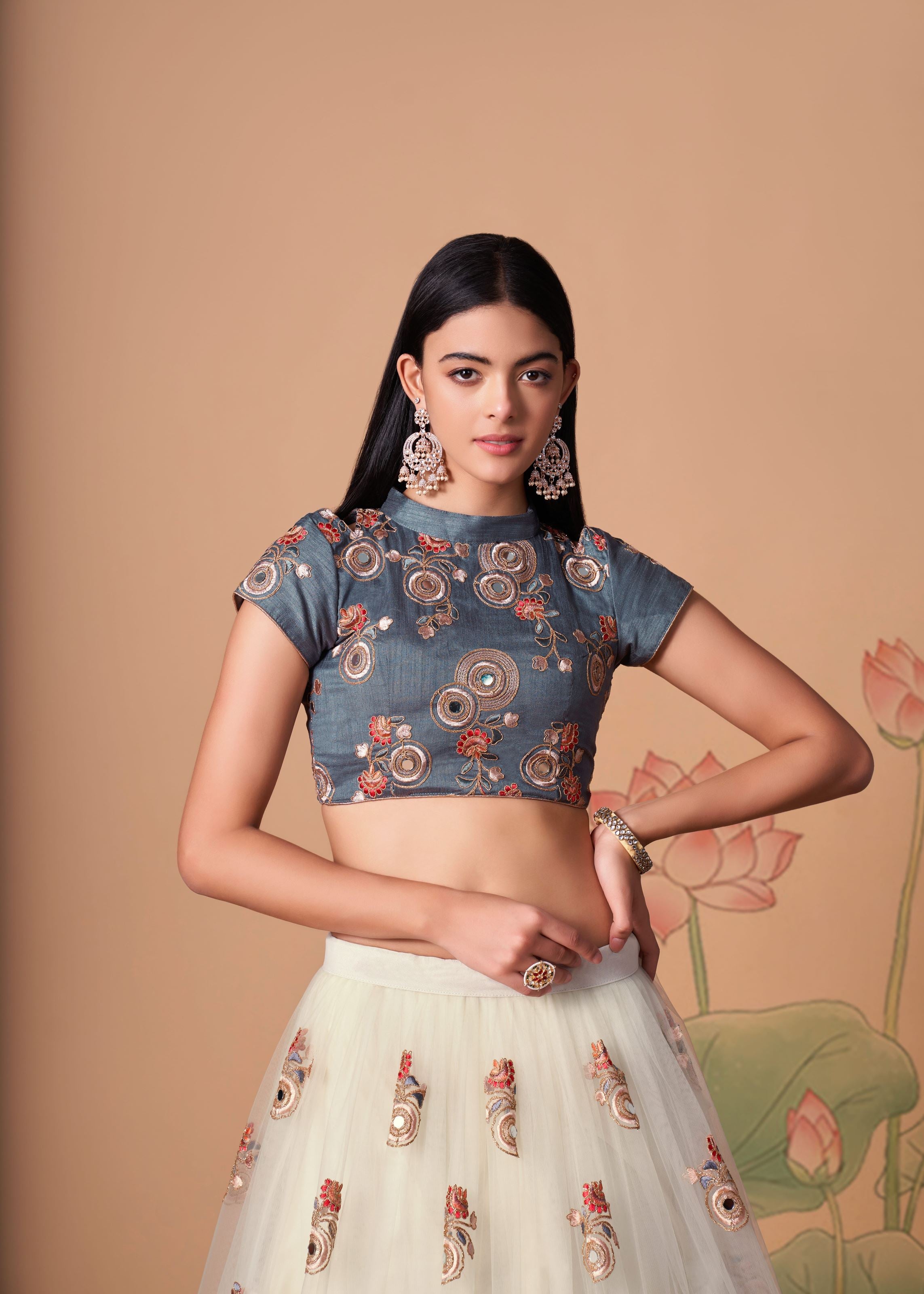 Off White Lehenga Choli With Thread, Zari, Dori And Sequins Embroidery With Mirror Work