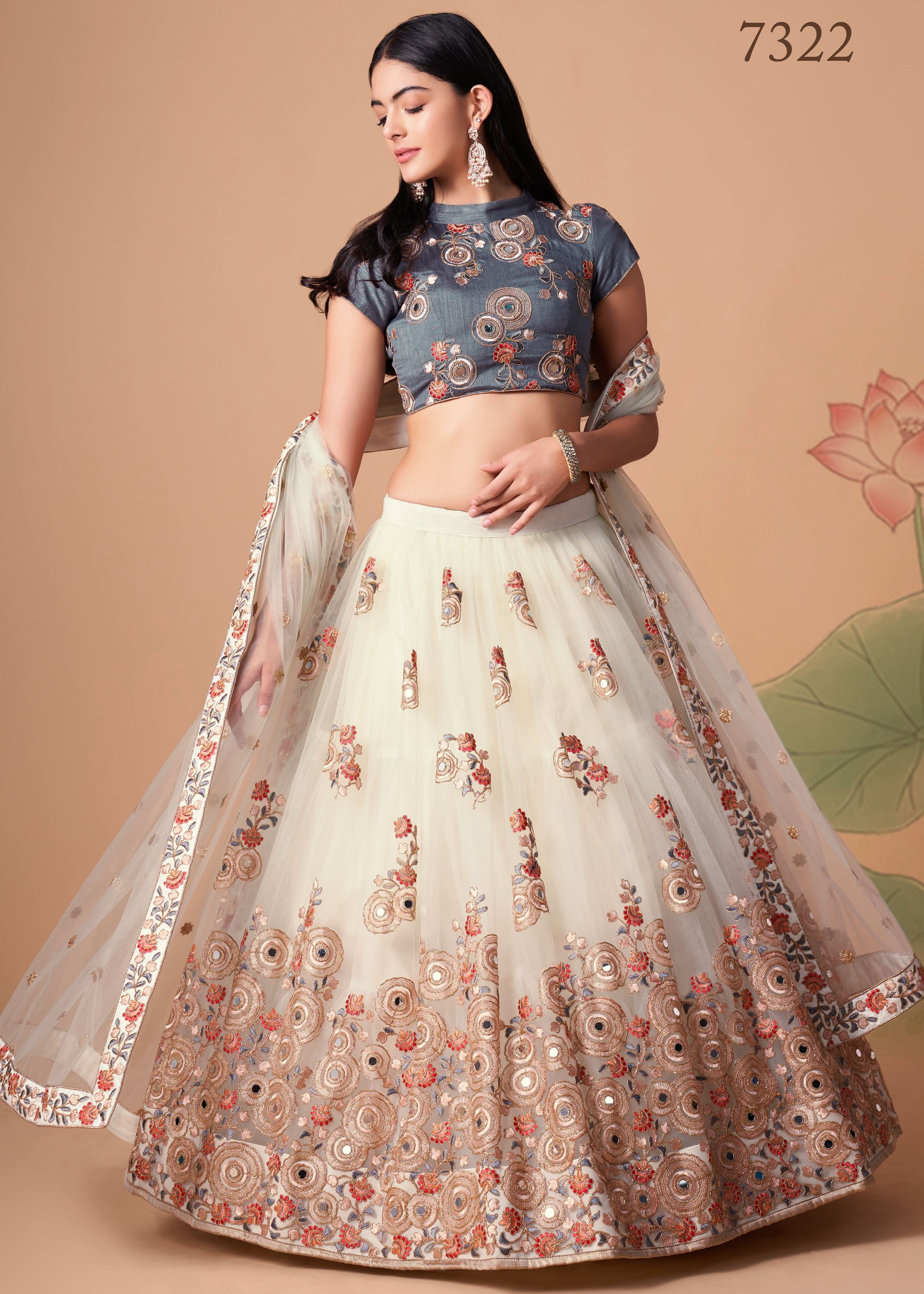 Off White Lehenga Choli With Thread, Zari, Dori And Sequins Embroidery With Mirror Work