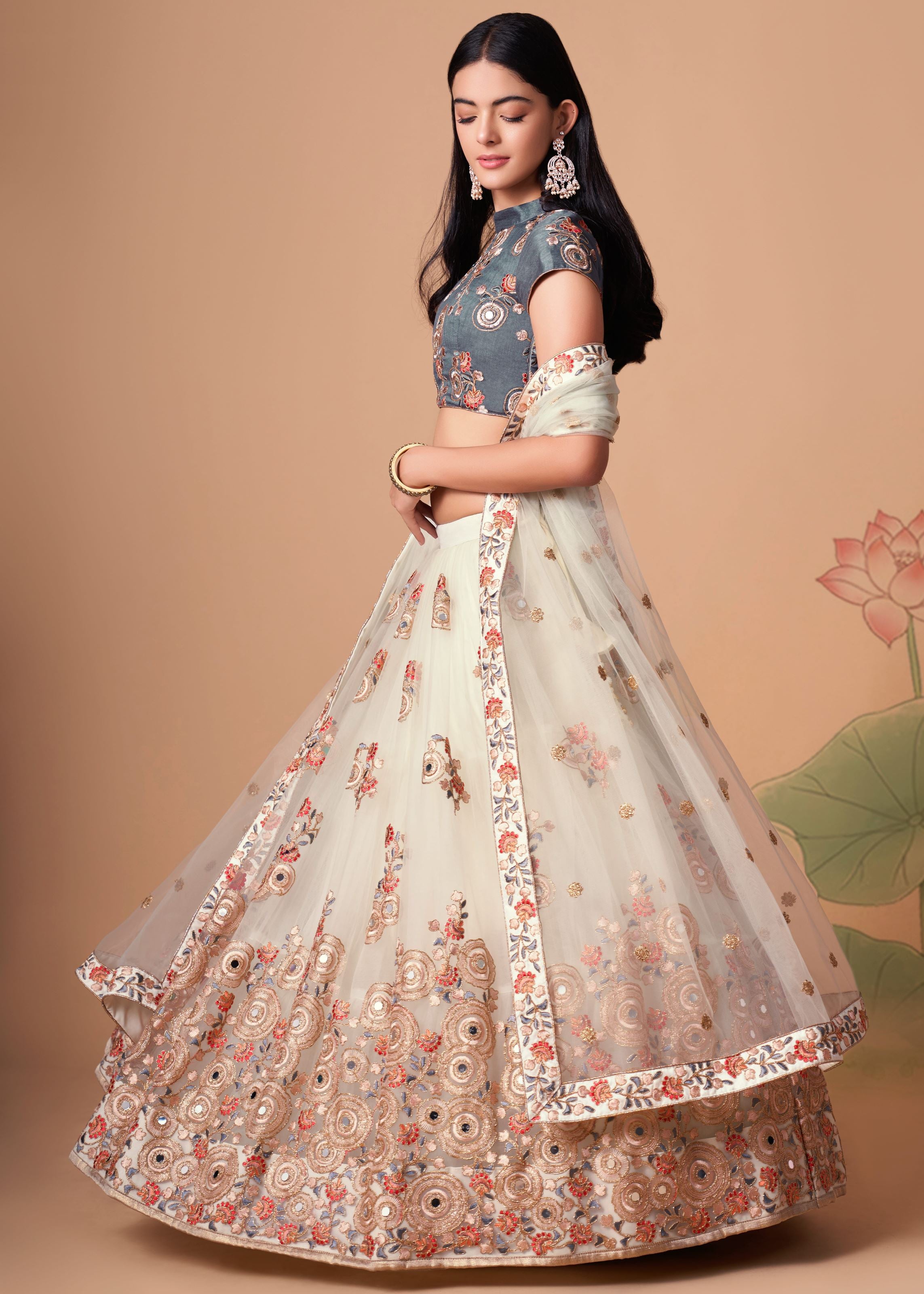 Off White Lehenga Choli With Thread, Zari, Dori And Sequins Embroidery With Mirror Work