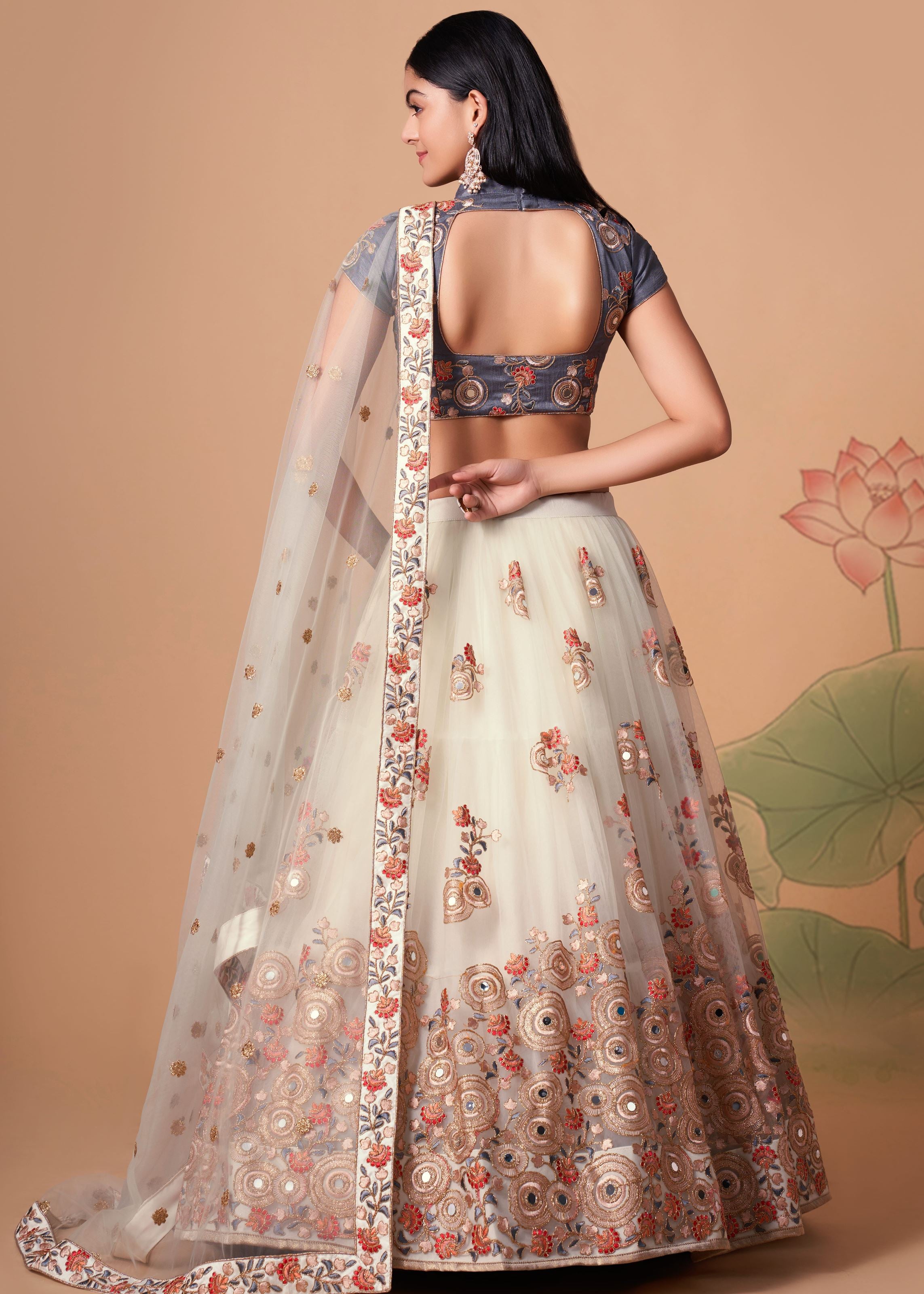 Off White Lehenga Choli With Thread, Zari, Dori And Sequins Embroidery With Mirror Work