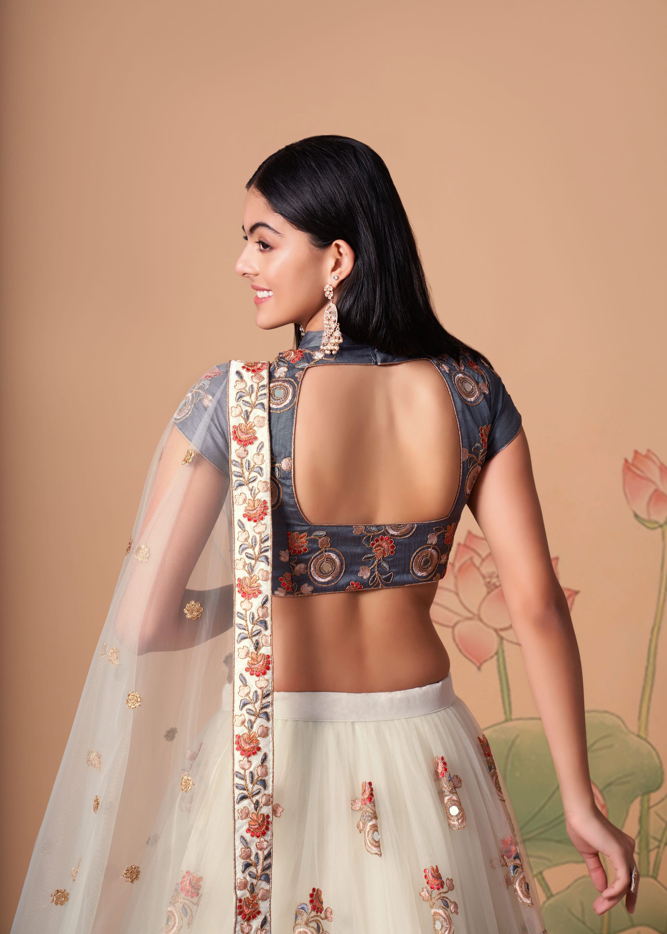 Off White Lehenga Choli With Thread, Zari, Dori And Sequins Embroidery With Mirror Work