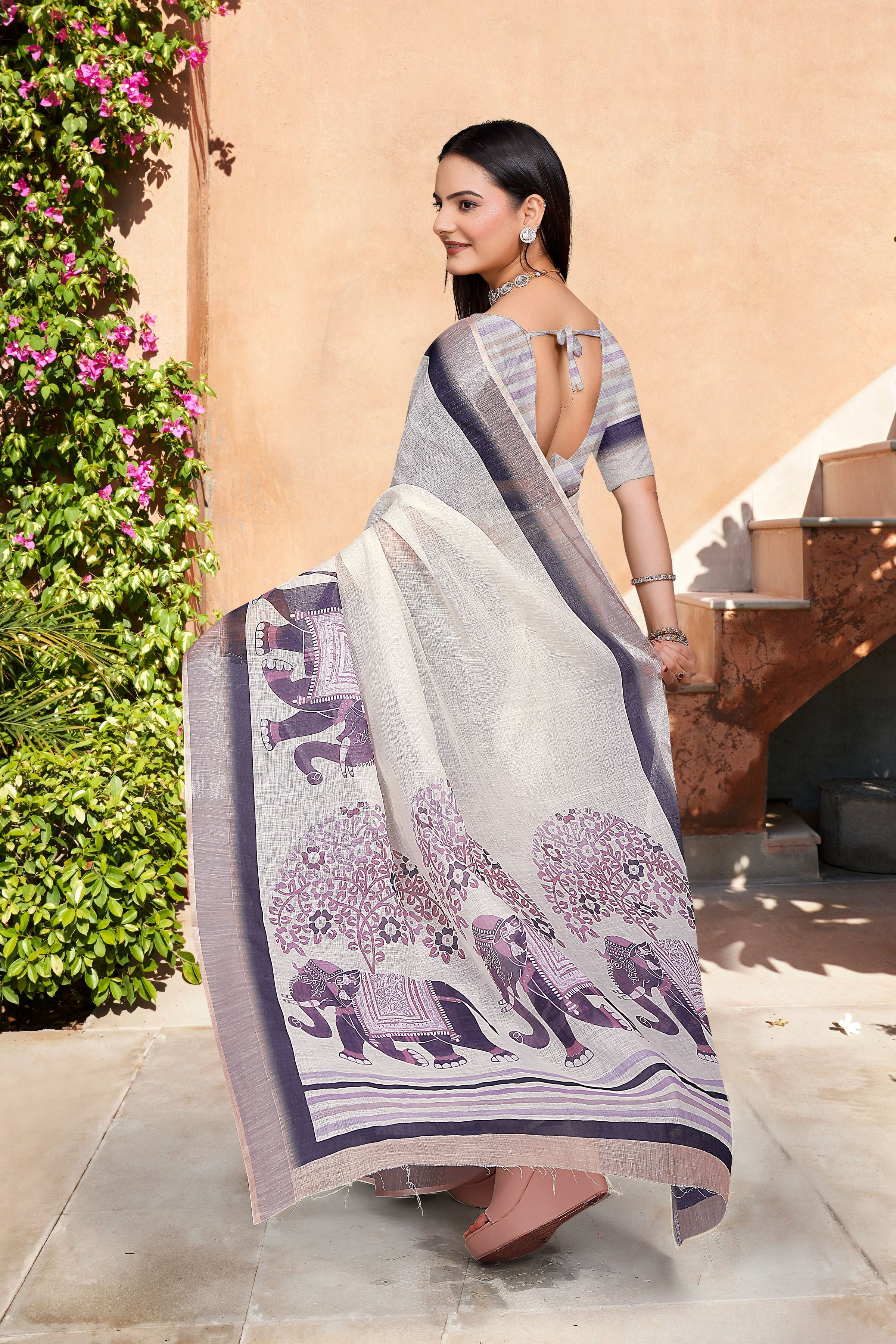 Off White Linen Cotton Woven Border Designer Printed Saree