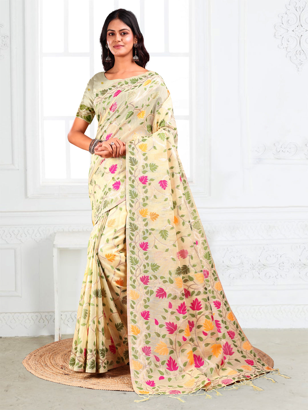 Off White Linen Cotton Woven Jacquard Designer Fancy Saree