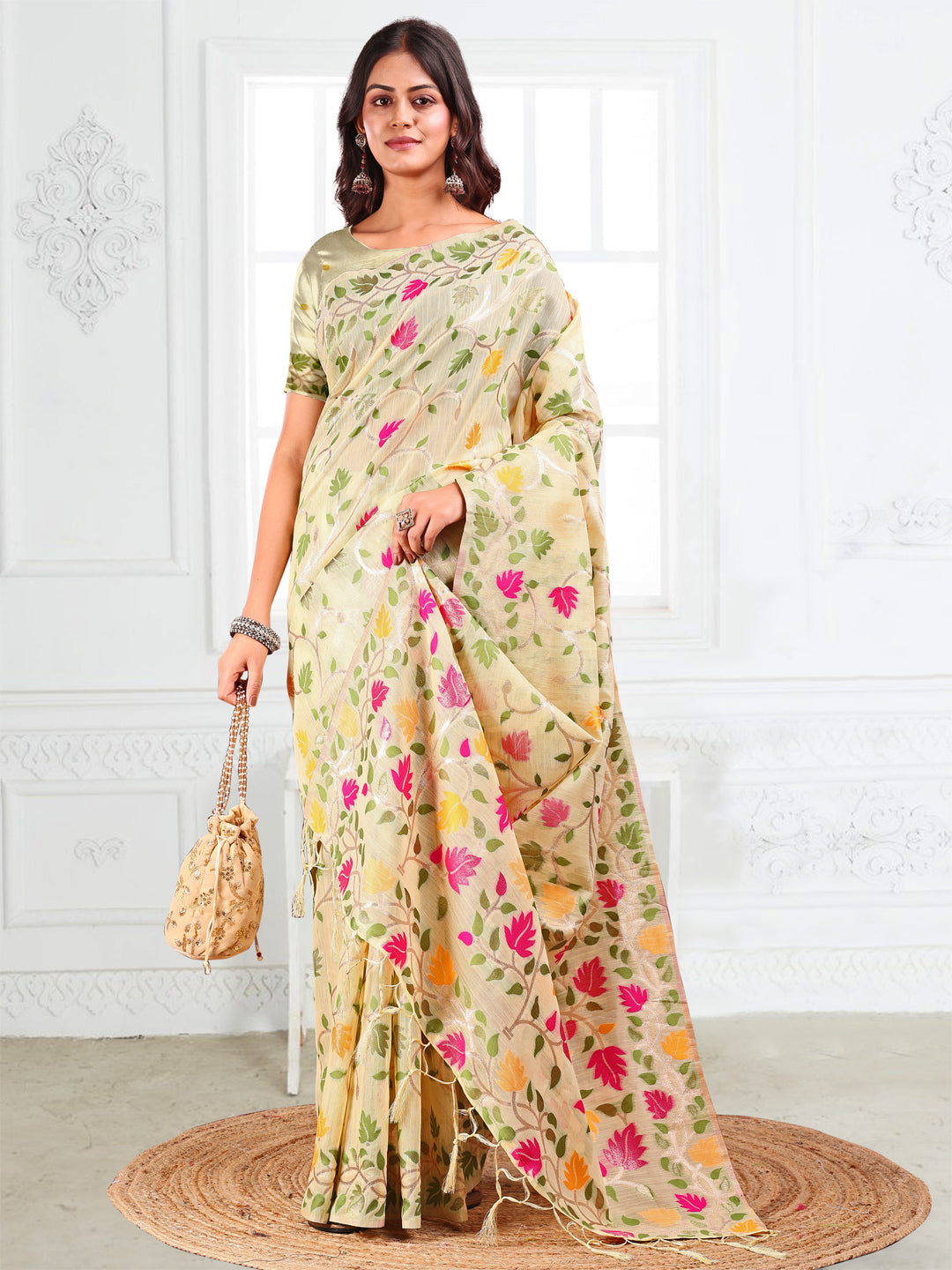 Off White Linen Cotton Woven Jacquard Designer Fancy Saree