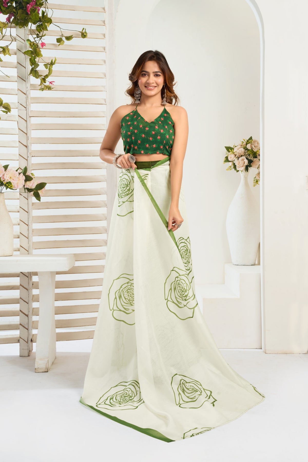 Off White Linen Ready To Wear Saree With Zari Border Printed