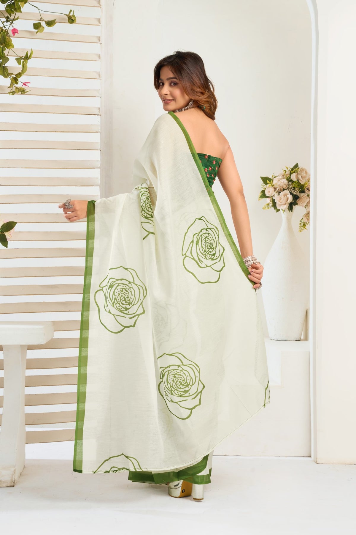 Off White Linen Ready To Wear Saree With Zari Border Printed