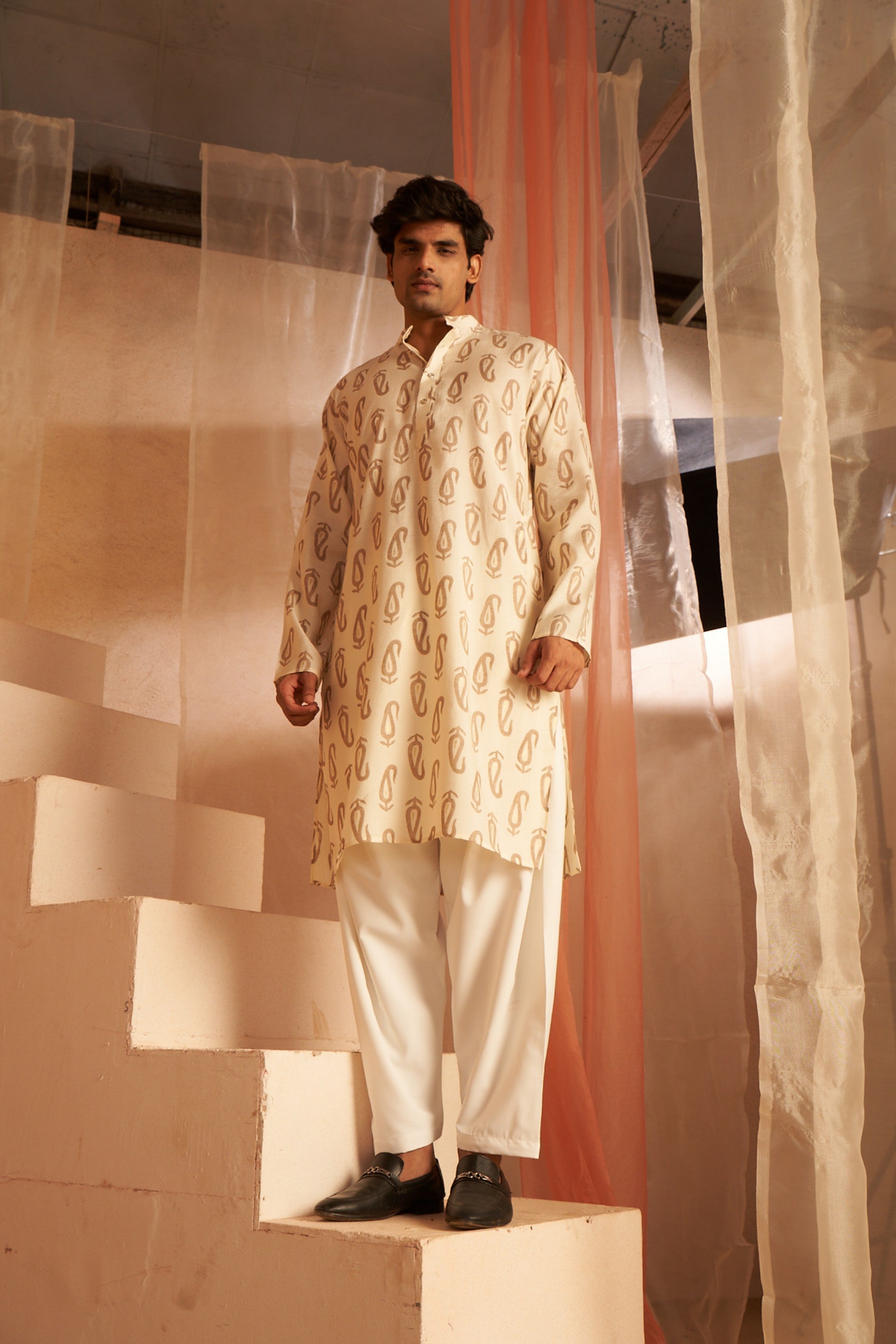 Off White Modal Silk Printed Kurta Payjama – Light and Classy