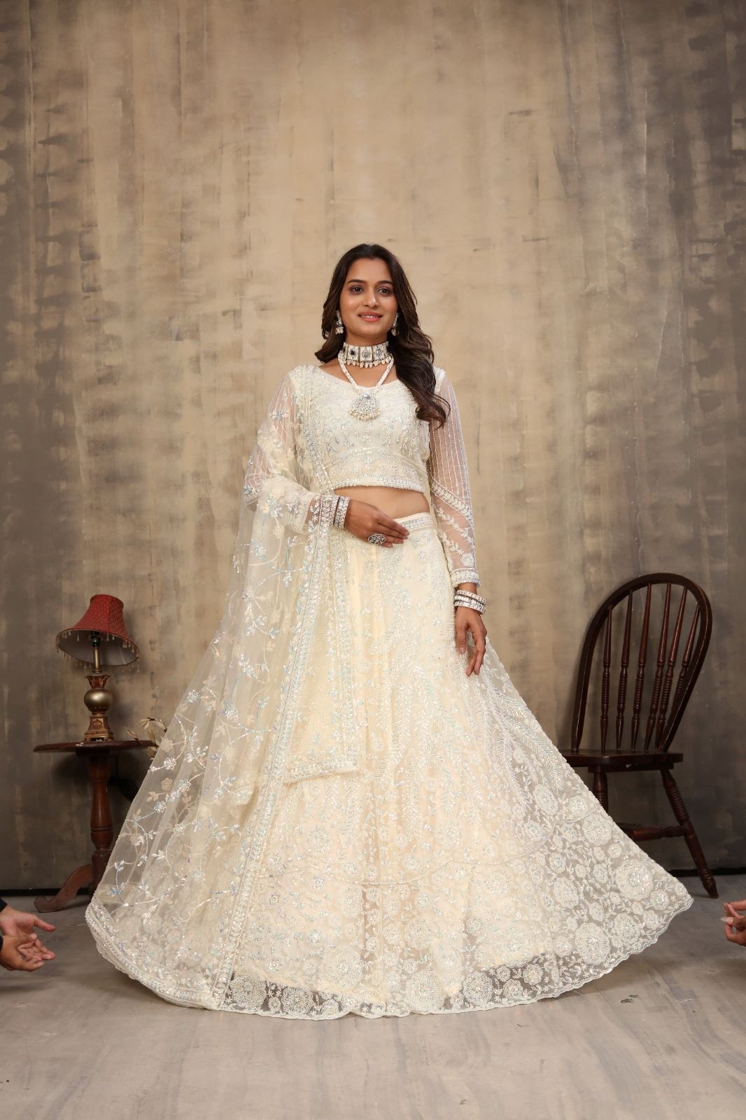 Off White Net Lehenga Choli With Embroidery Work