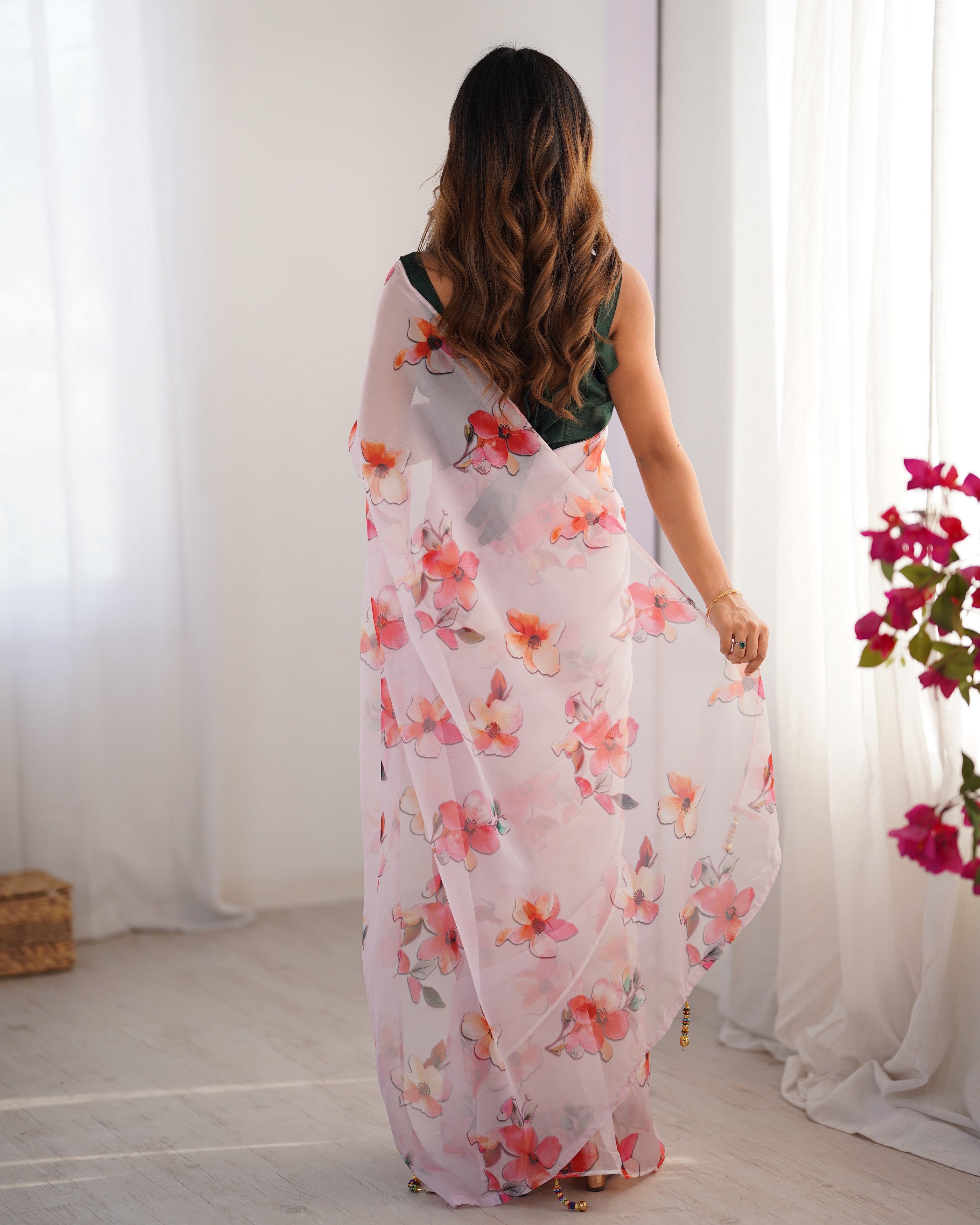 Off White Organza Designer Printed Partywear Saree