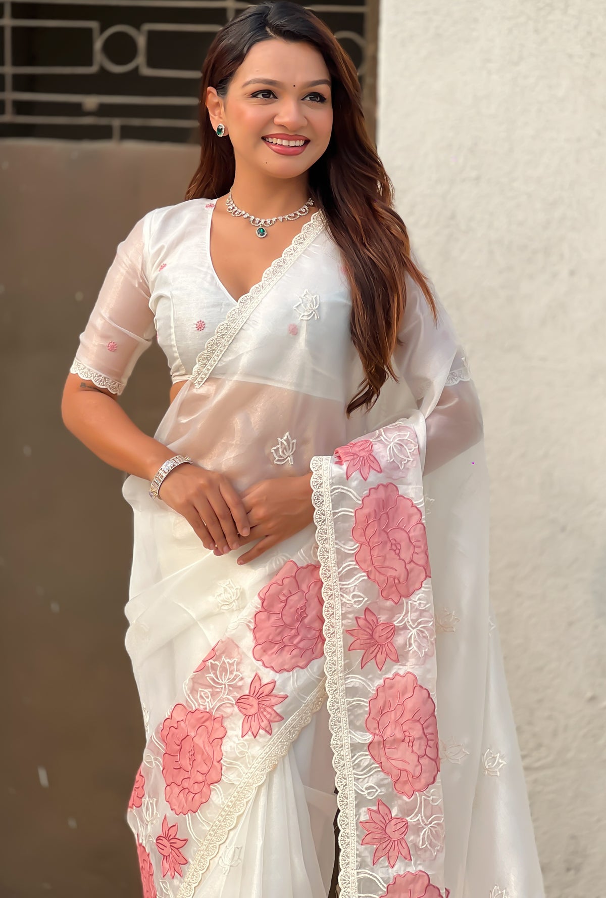 Off White Oris Silk Saree with Designer Lotus Embroidery