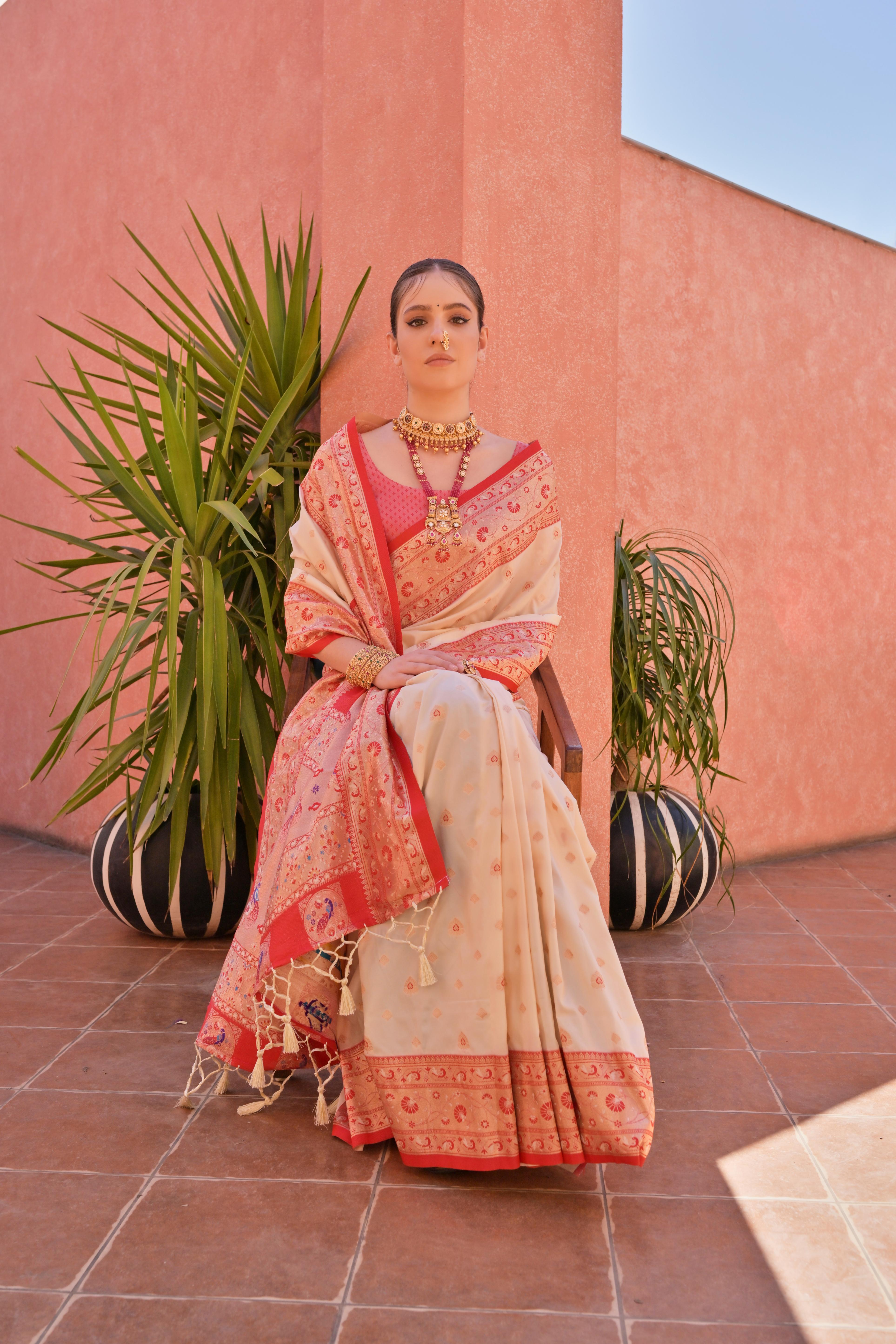 Off White Paithani Silk Saree with Paithani Pallu and Zari Butti