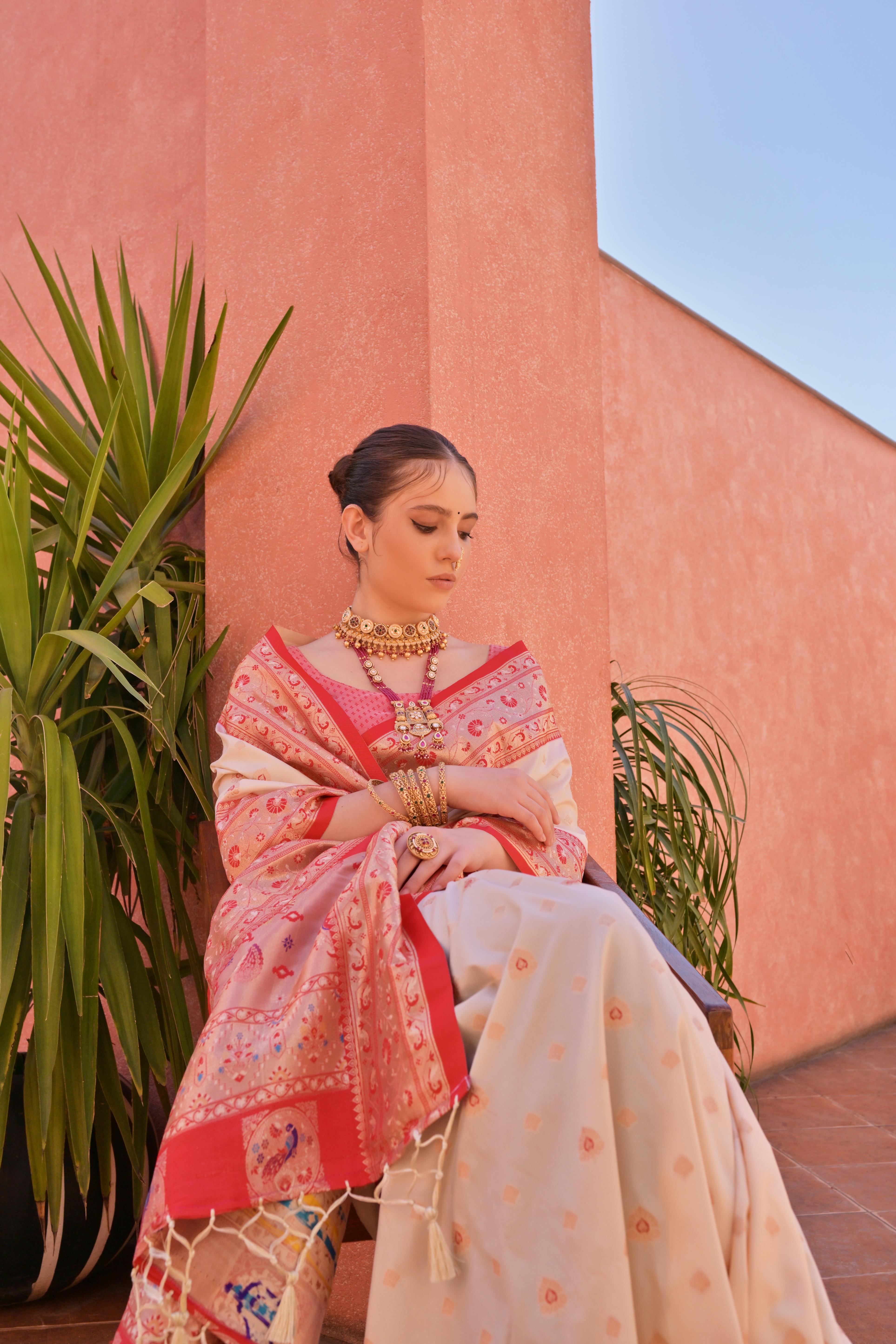 Off White Paithani Silk Saree with Paithani Pallu and Zari Butti