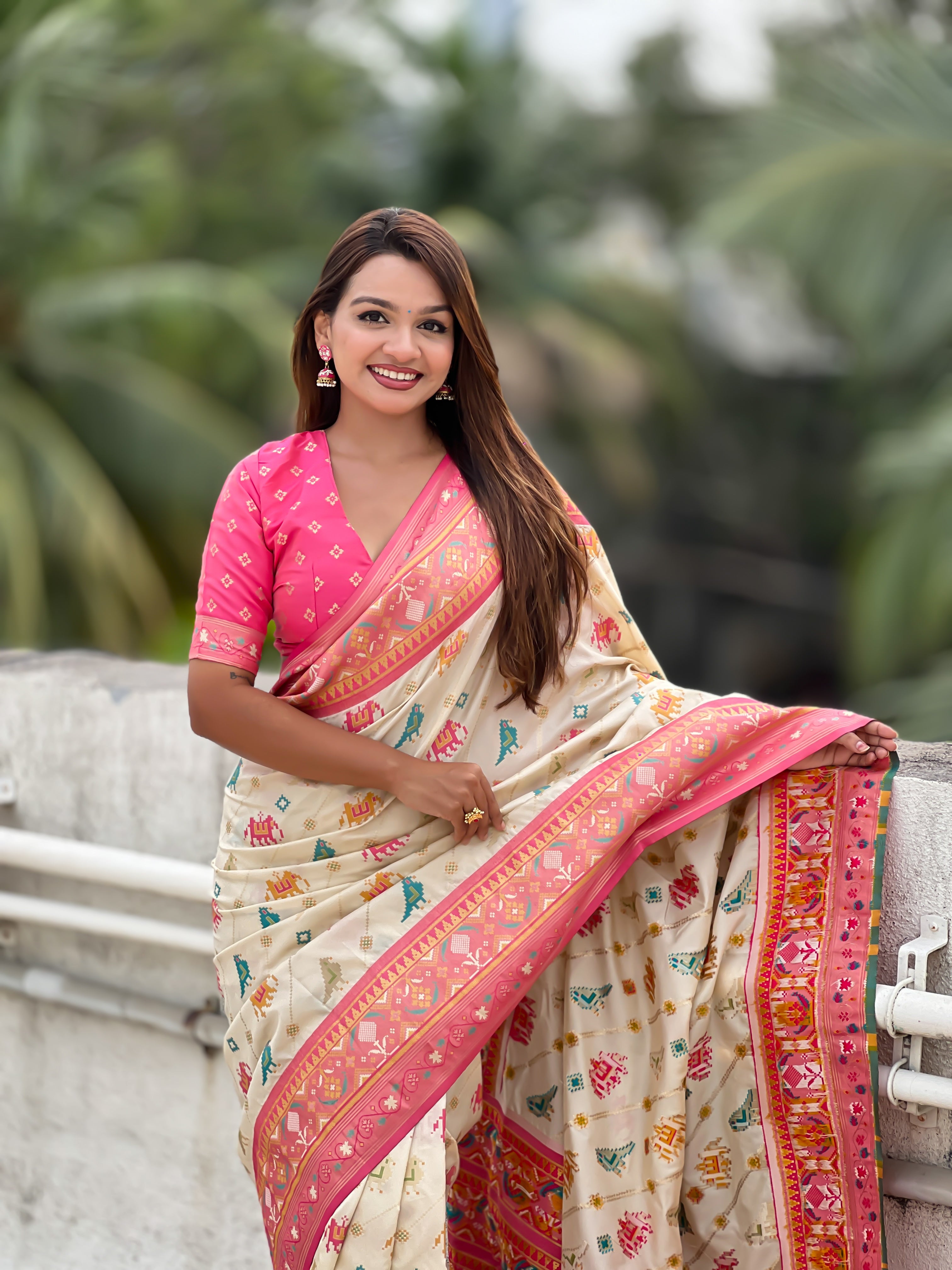 Off White Patola Silk Saree With Woven Meenakari Ikkat Designer For Festive Looks