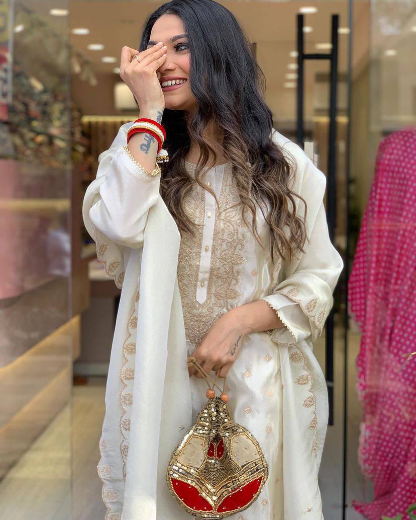 Off White Pure Viscose Jacquard Kurta Pant Set With Embroidery Work