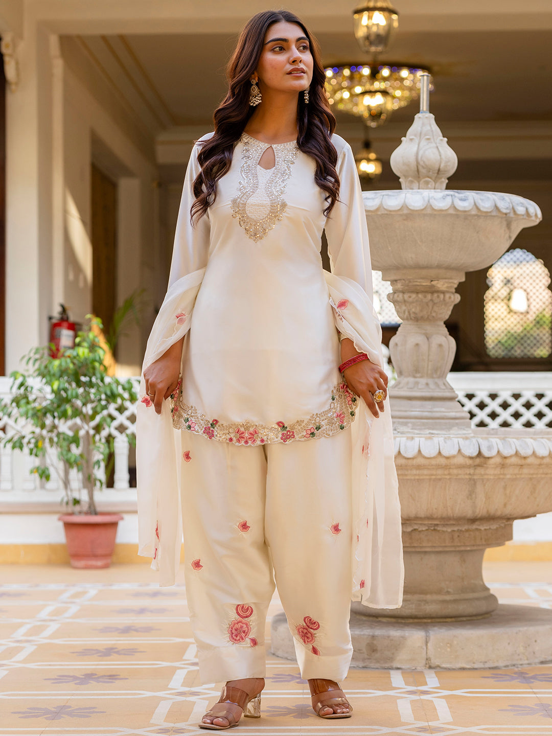 Off White Satin Kurta Patiala Pant Set With Heavy Thread Embroidery Sequins Work