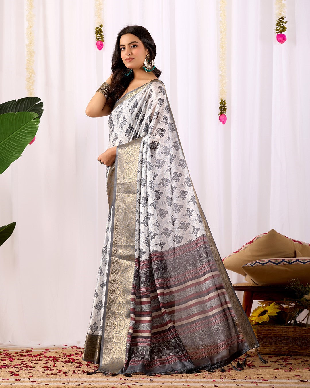 Off White Soft Lichi Silk Saree With Digital Printed Classic Premium Saree