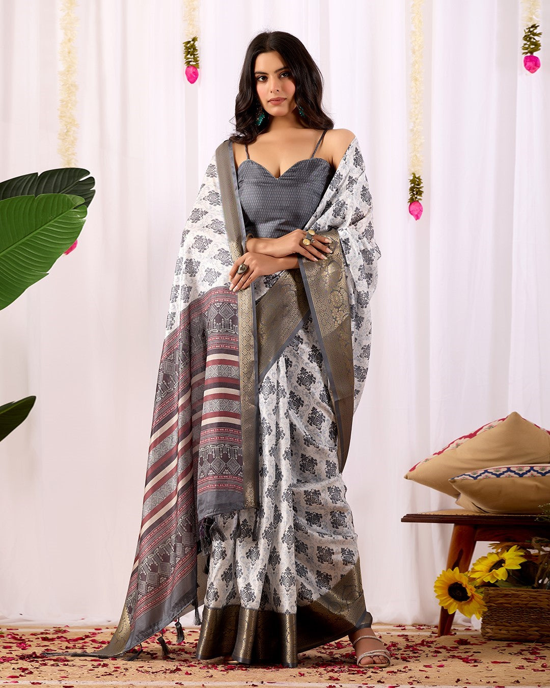Off White Soft Lichi Silk Saree With Digital Printed Classic Premium Saree