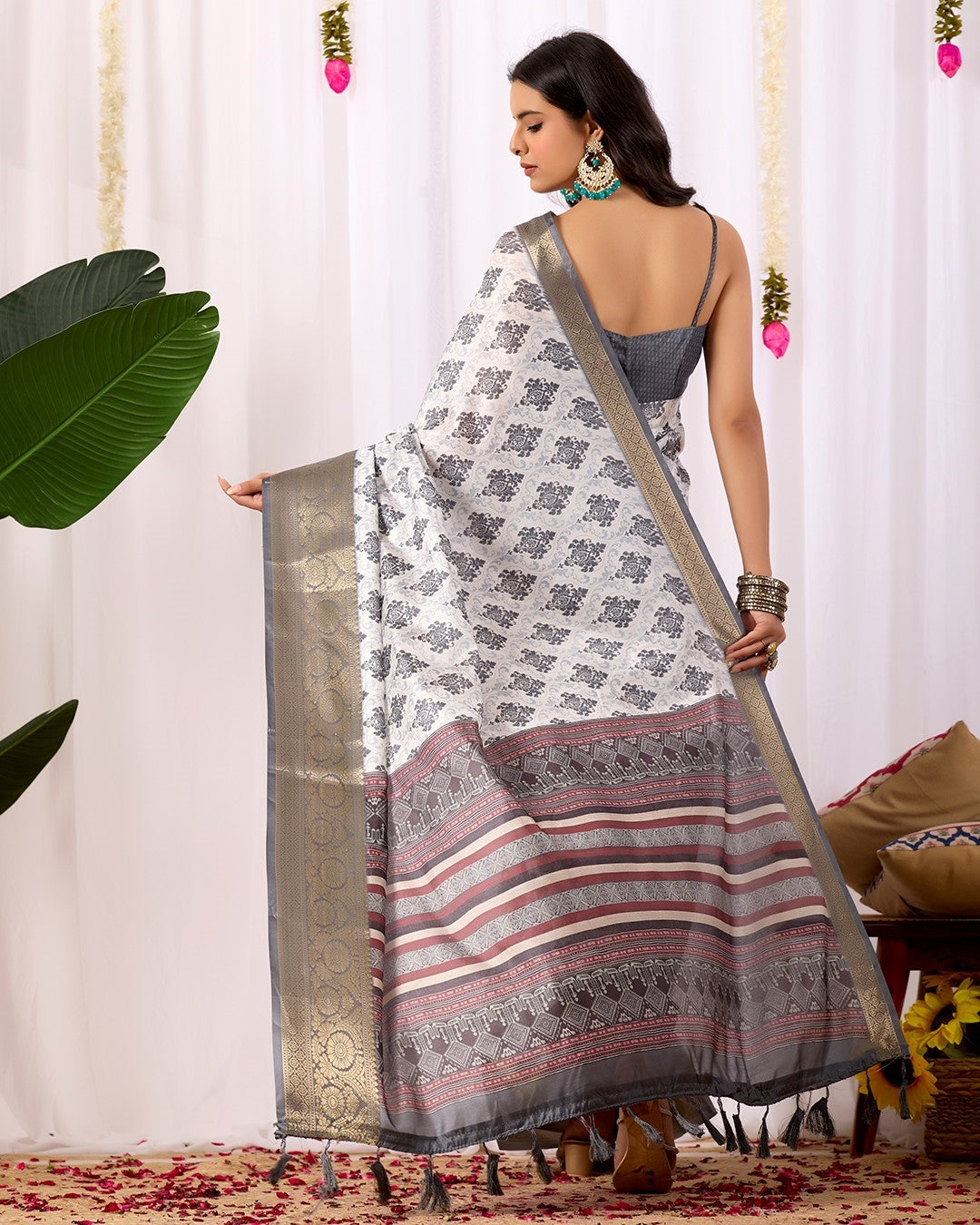 Off White Soft Lichi Silk Saree With Digital Printed Classic Premium Saree