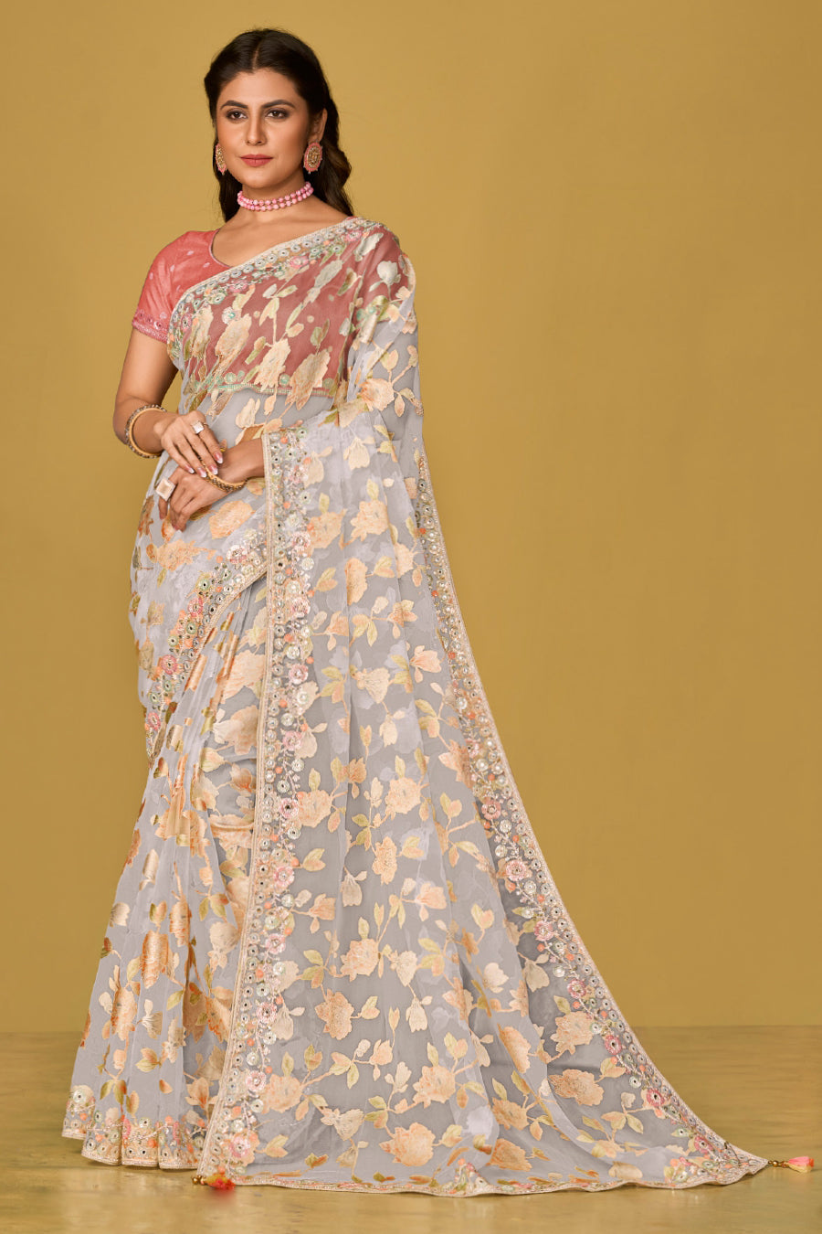 Off White Soft Organza Brasso Saree With Printed Saree With Piping, Embroidery Sequins Work