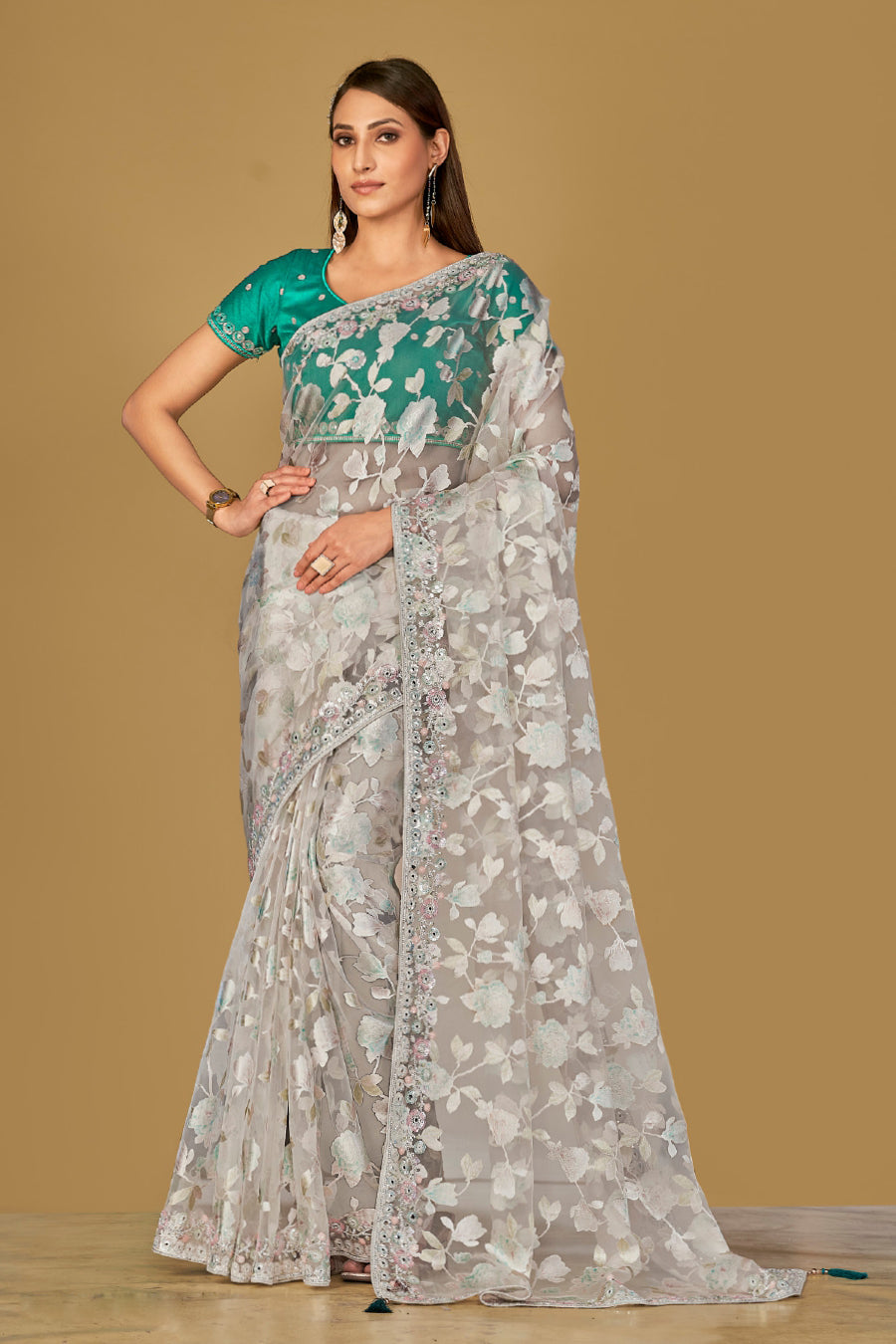 Off White Soft Organza Brasso Saree With Printed Saree With Piping, Embroidery Sequins Work