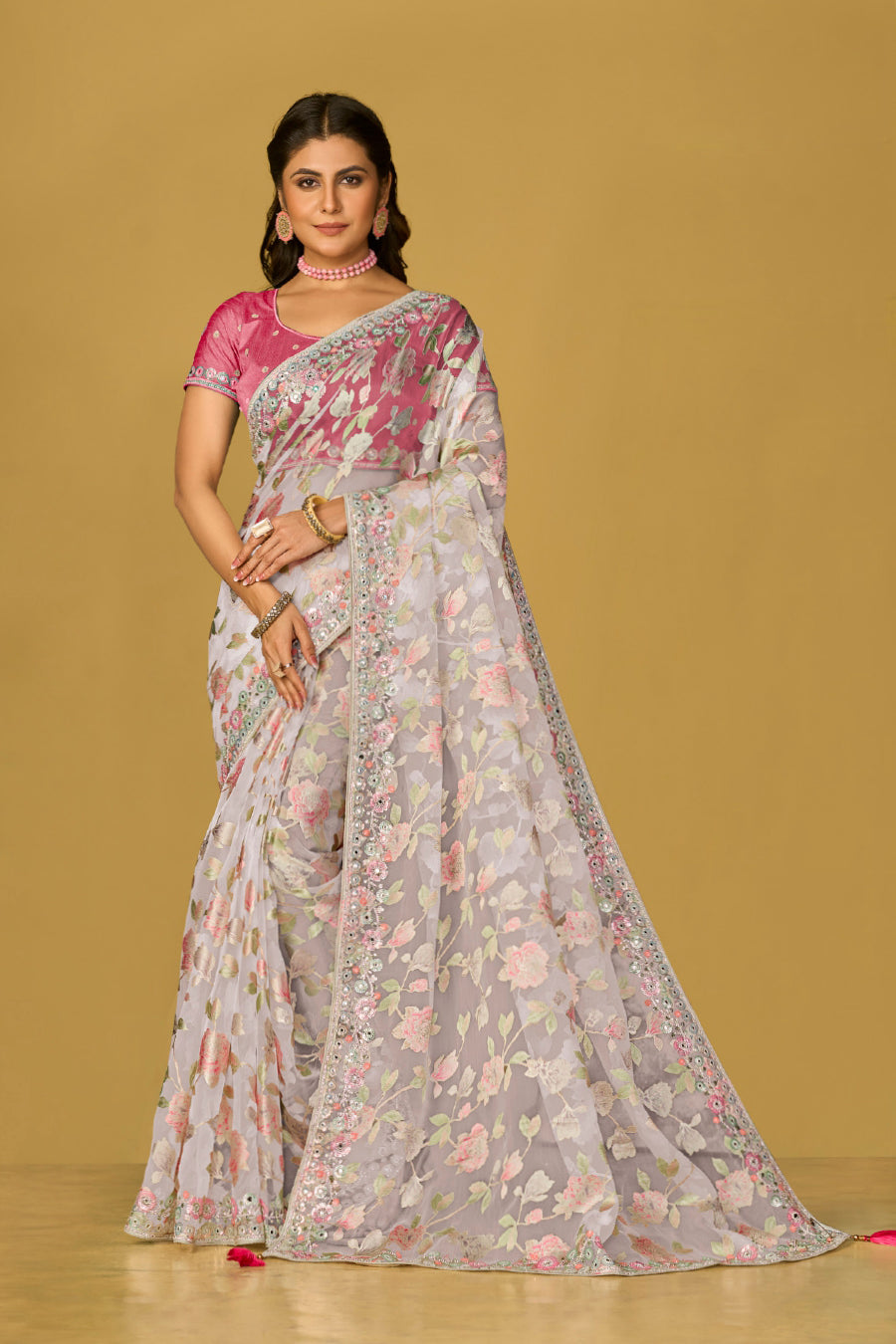 Off White Soft Organza Brasso Saree With Printed Saree With Piping, Embroidery Sequins Work