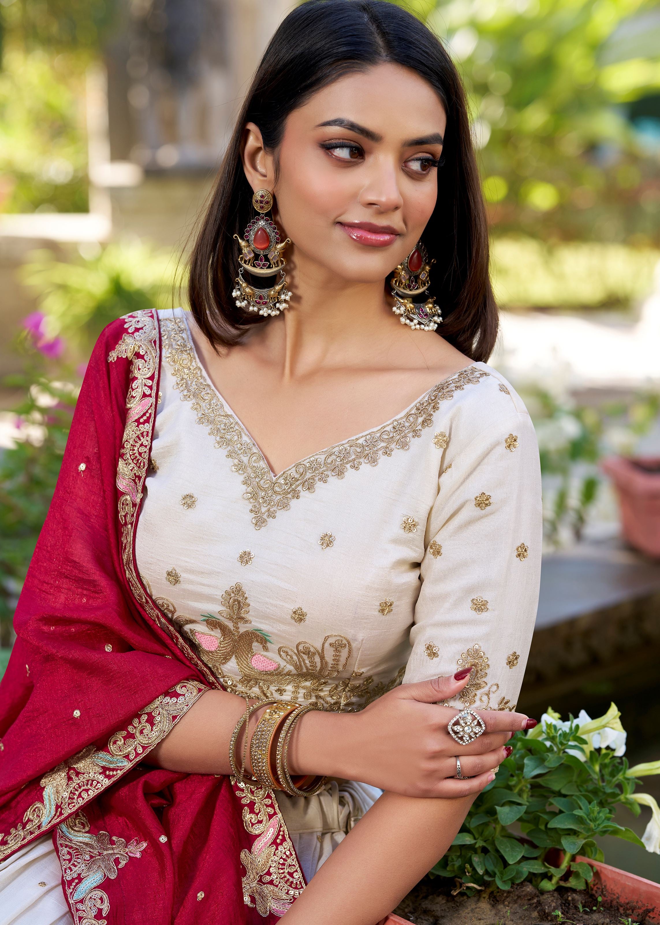 Off White Vichitra Silk Lehenga with Sequins & Embroidery