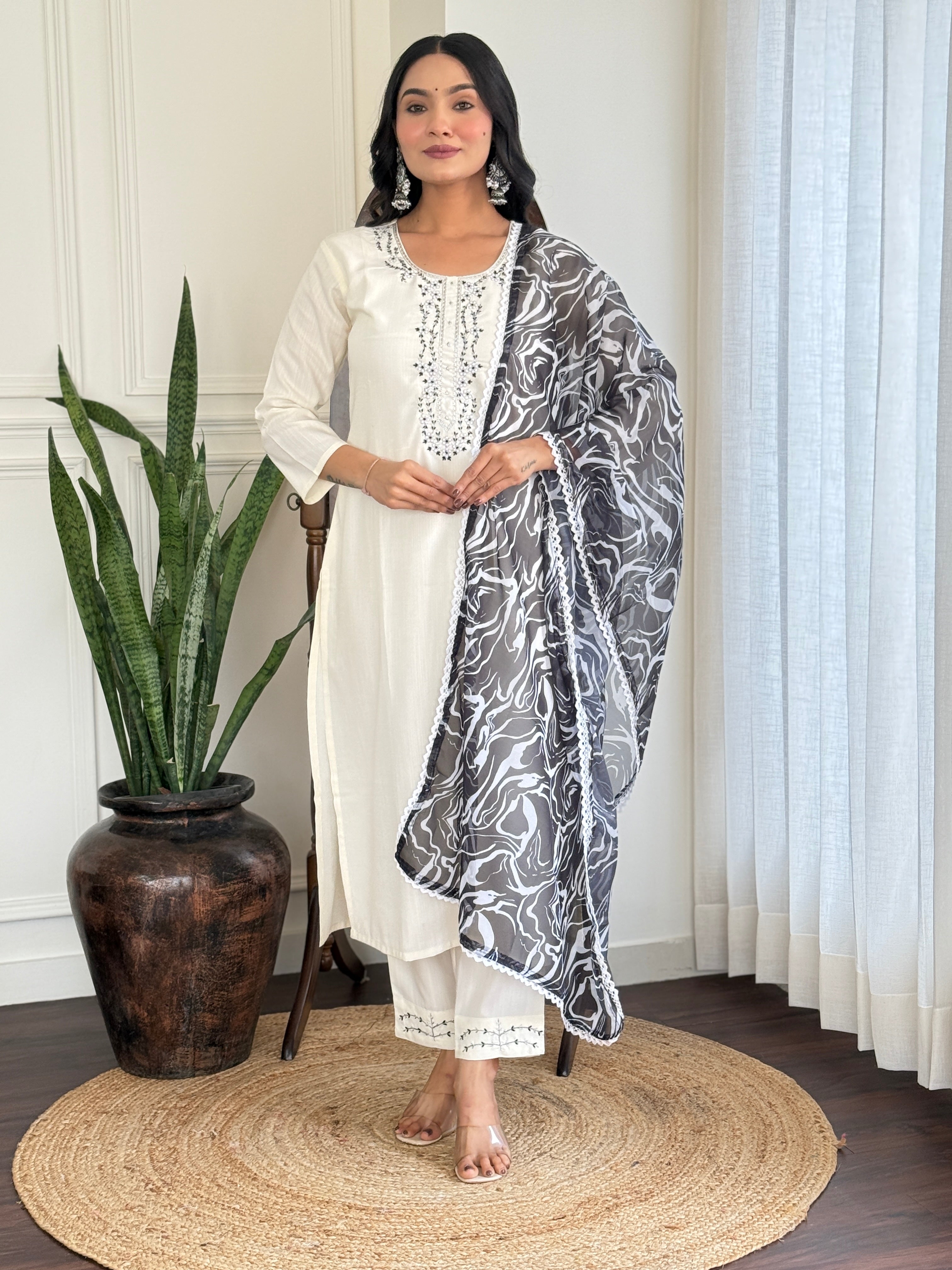Off White Viscose Blend Rayon Kurta Pant Set With Embroidery Work
