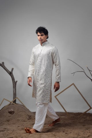Off White Viscose Heavy Embroidered Ethnic Ceremonial Kurta Pajama