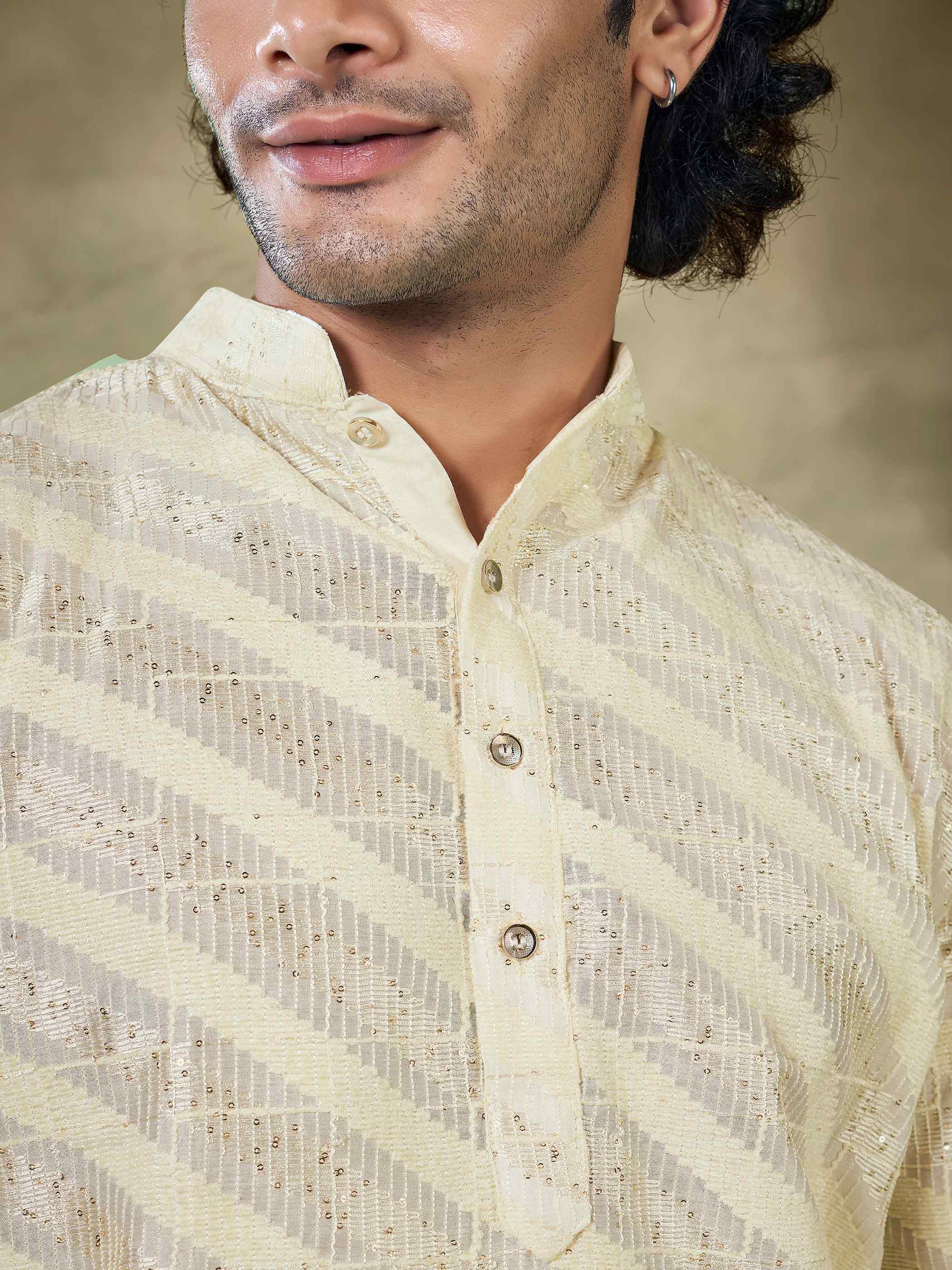 Off White Viscose Kurta Payjama with Sequins – Subtle Elegance for Special Days