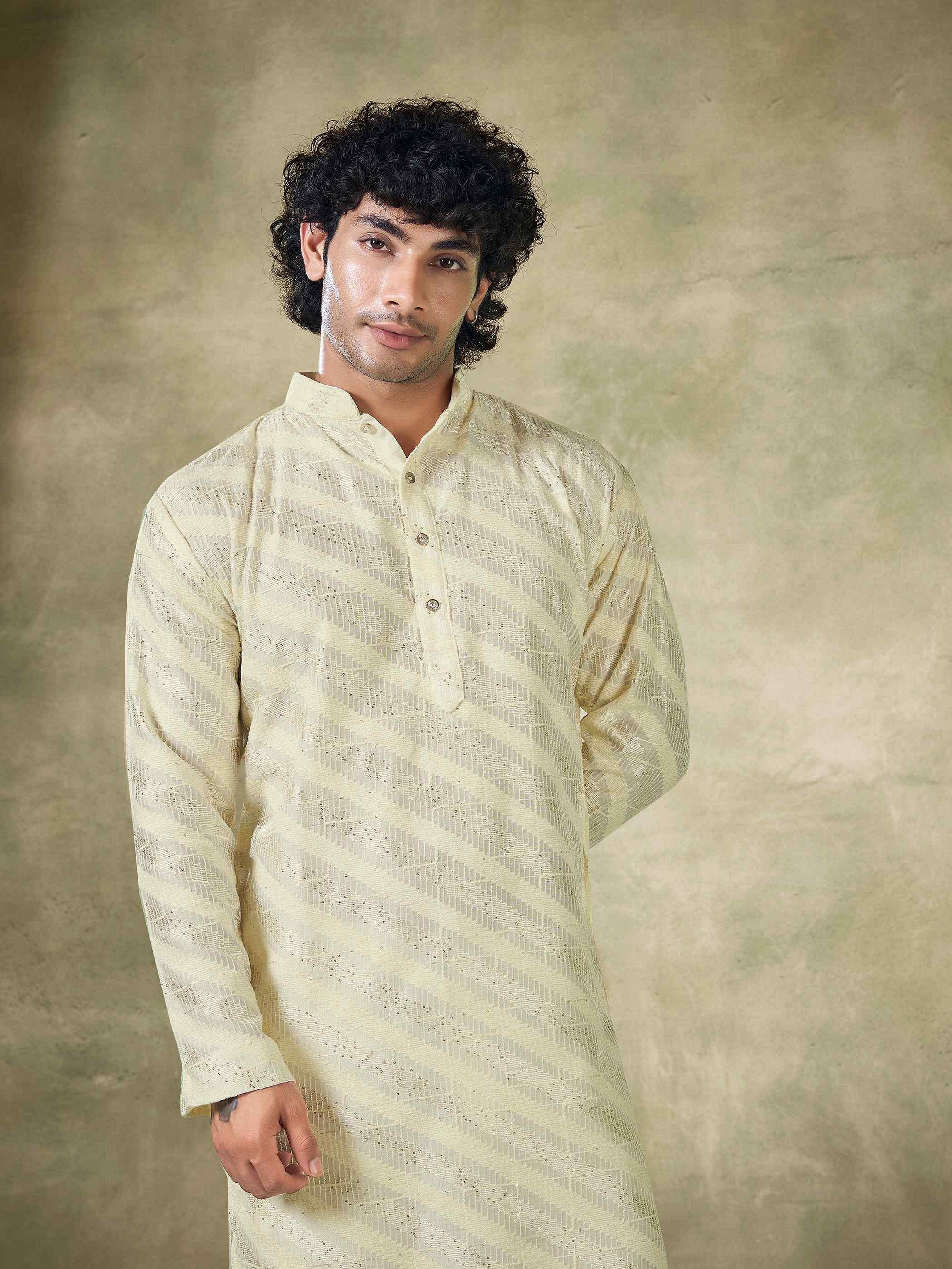 Off White Viscose Kurta Payjama with Sequins – Subtle Elegance for Special Days