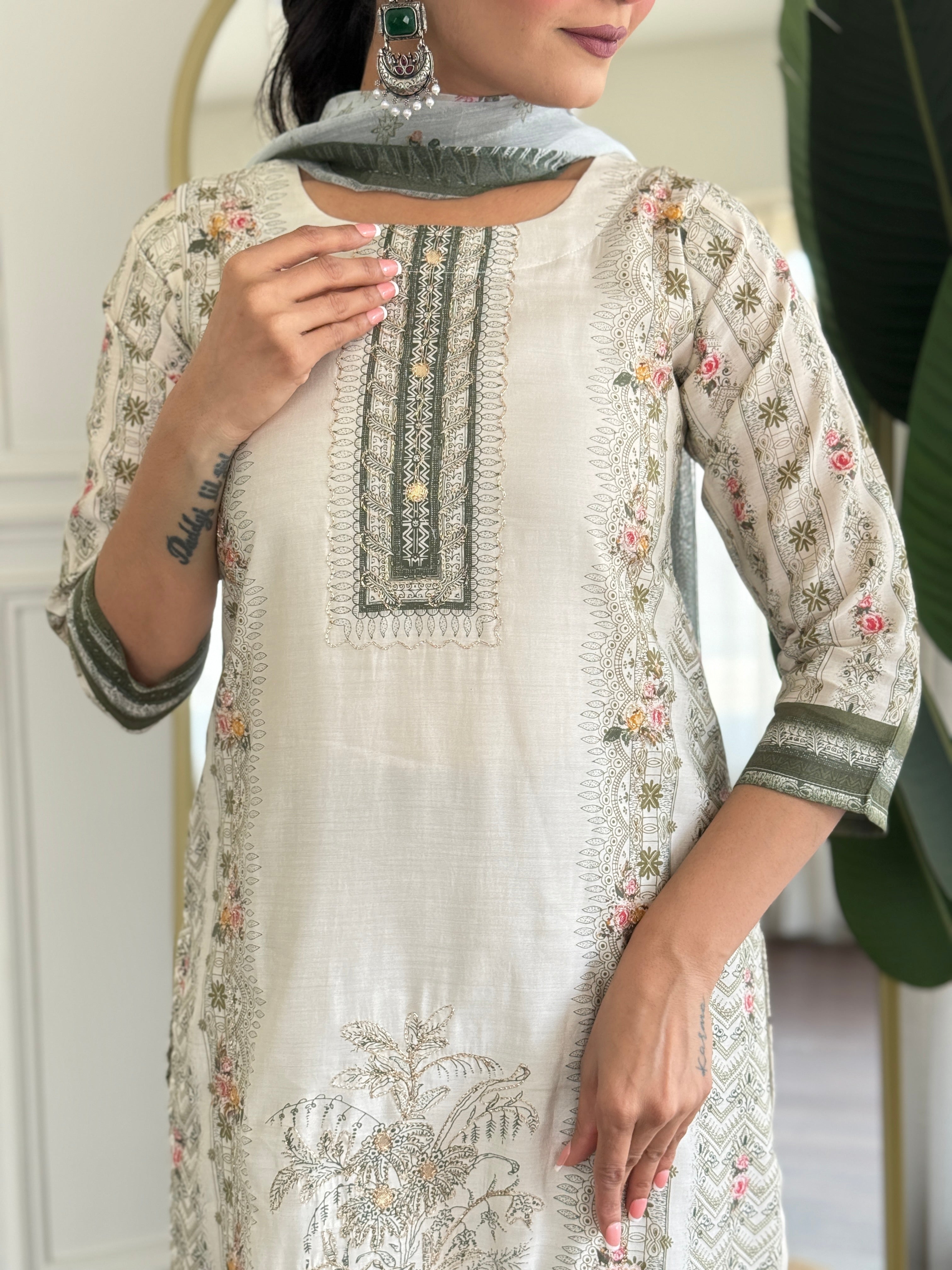 Off White Viscose Modal Kurta Pant with Print With Hand Work