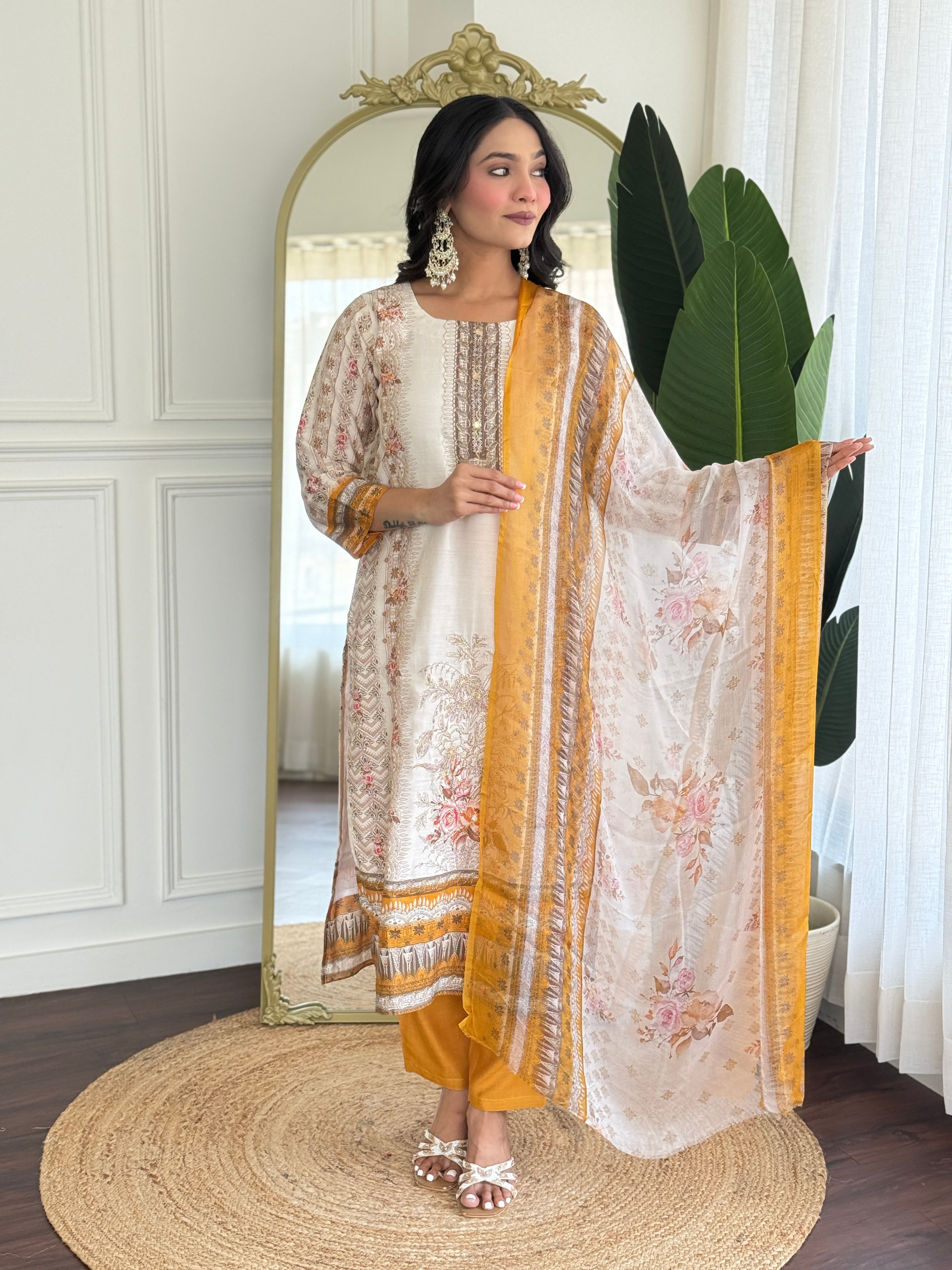 Off White Viscose Modal Kurta Pant with Print With Hand Work