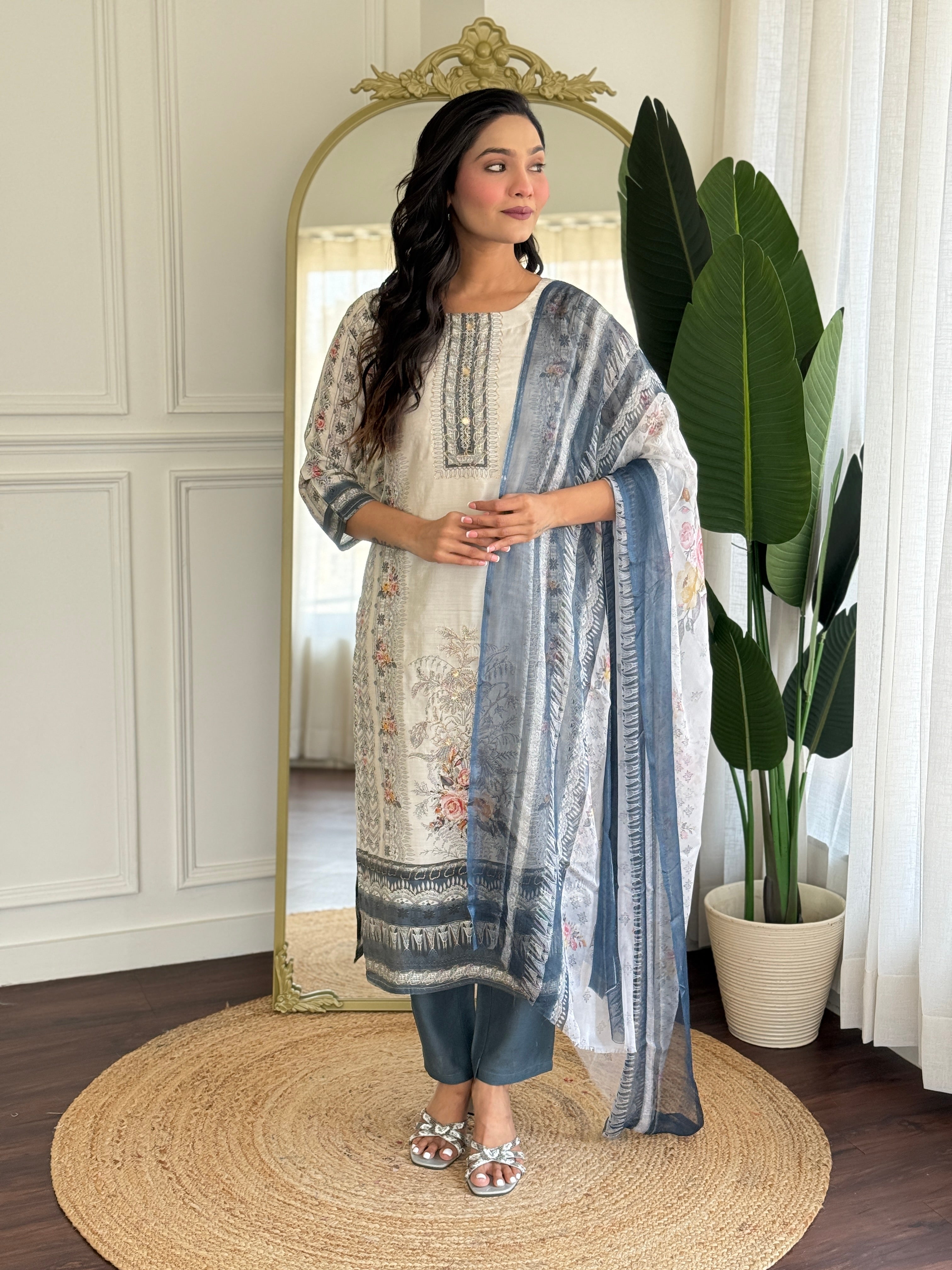 Off White Viscose Modal Kurta Pant with Print With Hand Work