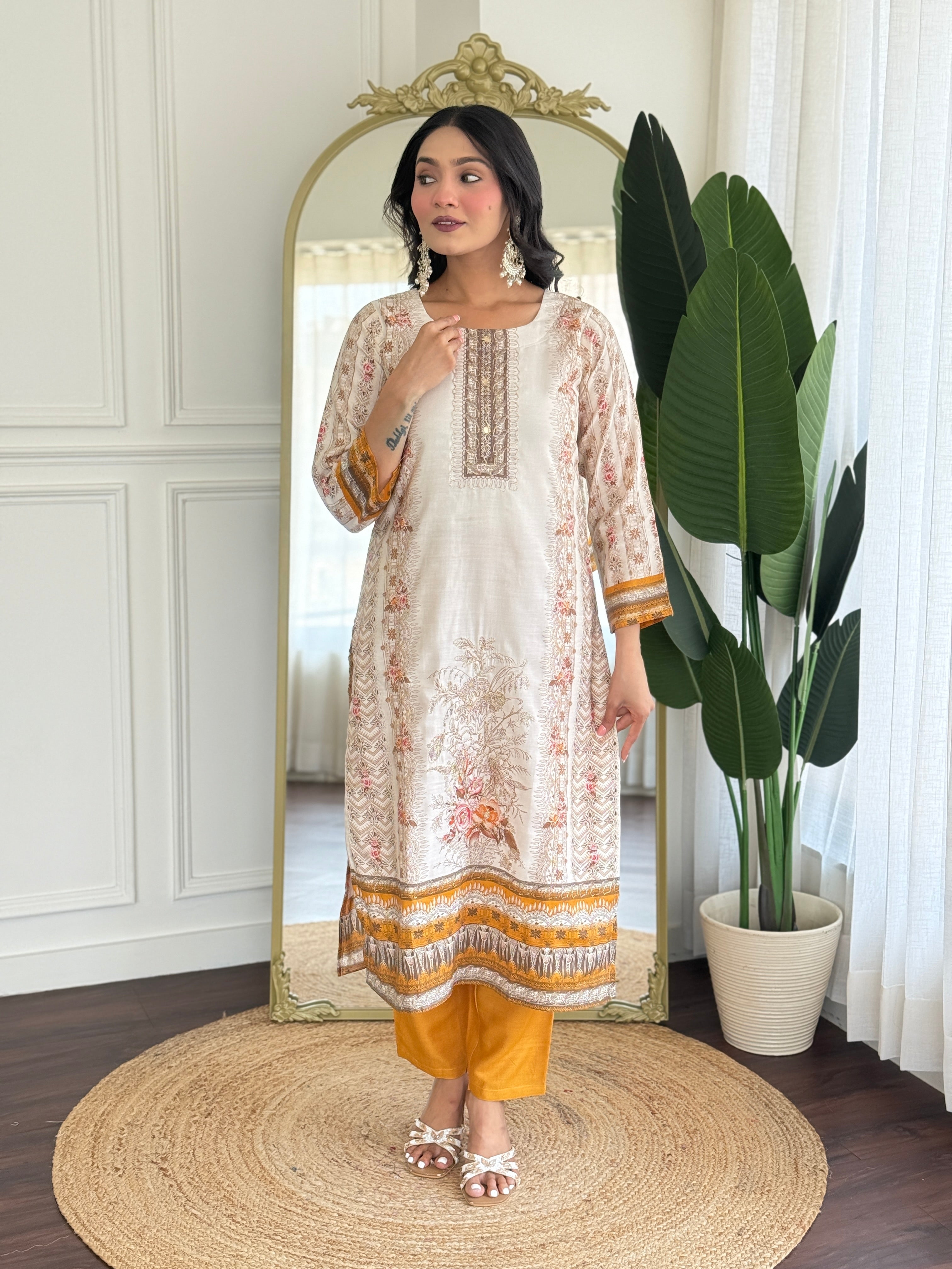 Off White Viscose Modal Kurta Pant with Print With Hand Work