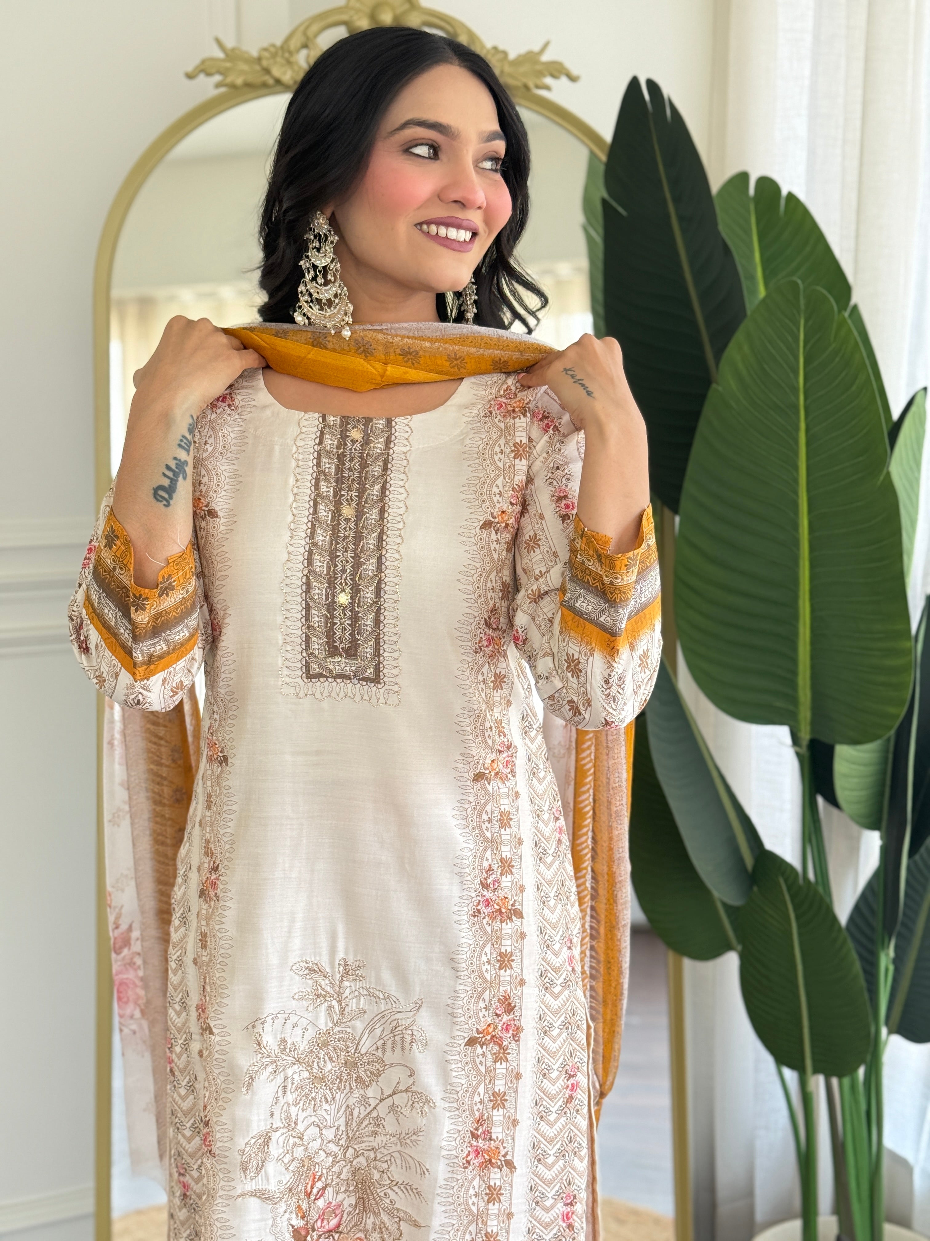 Off White Viscose Modal Kurta Pant with Print With Hand Work