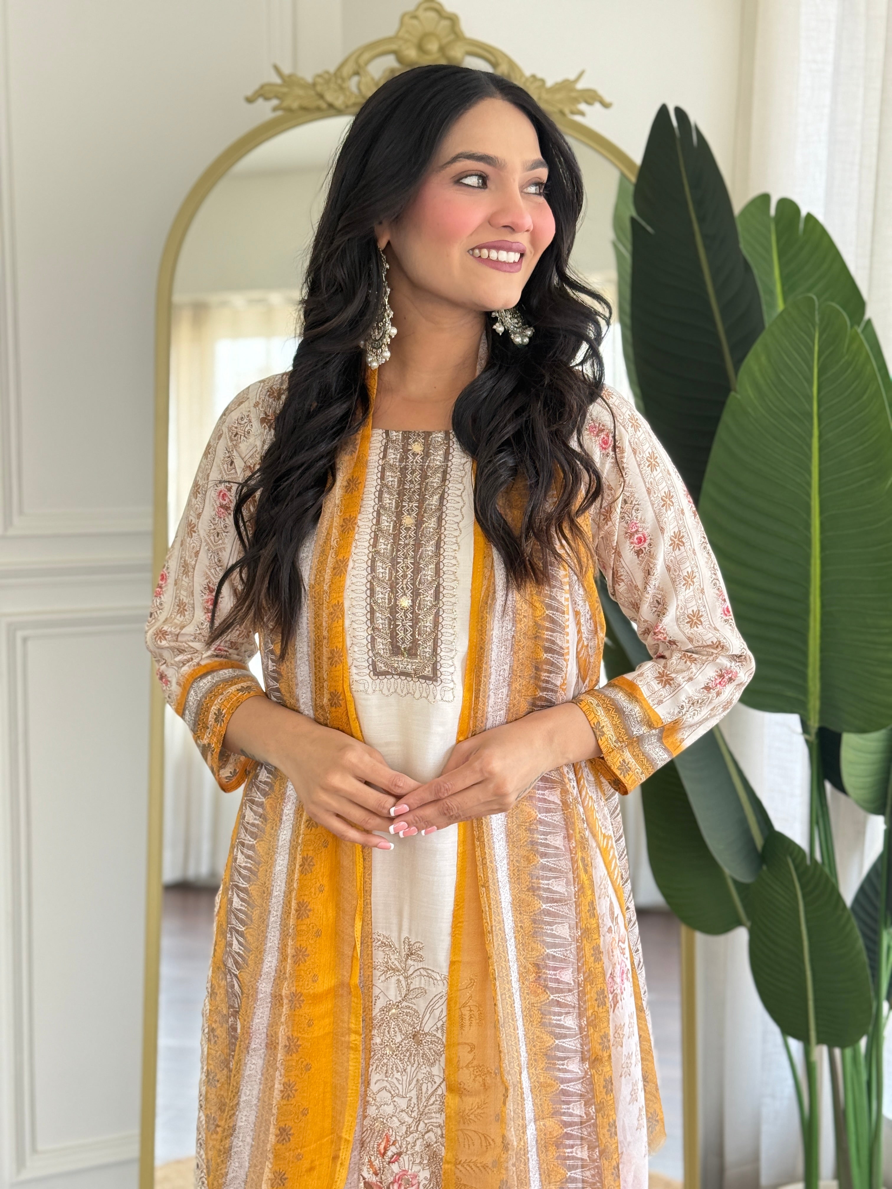 Off White Viscose Modal Kurta Pant with Print With Hand Work